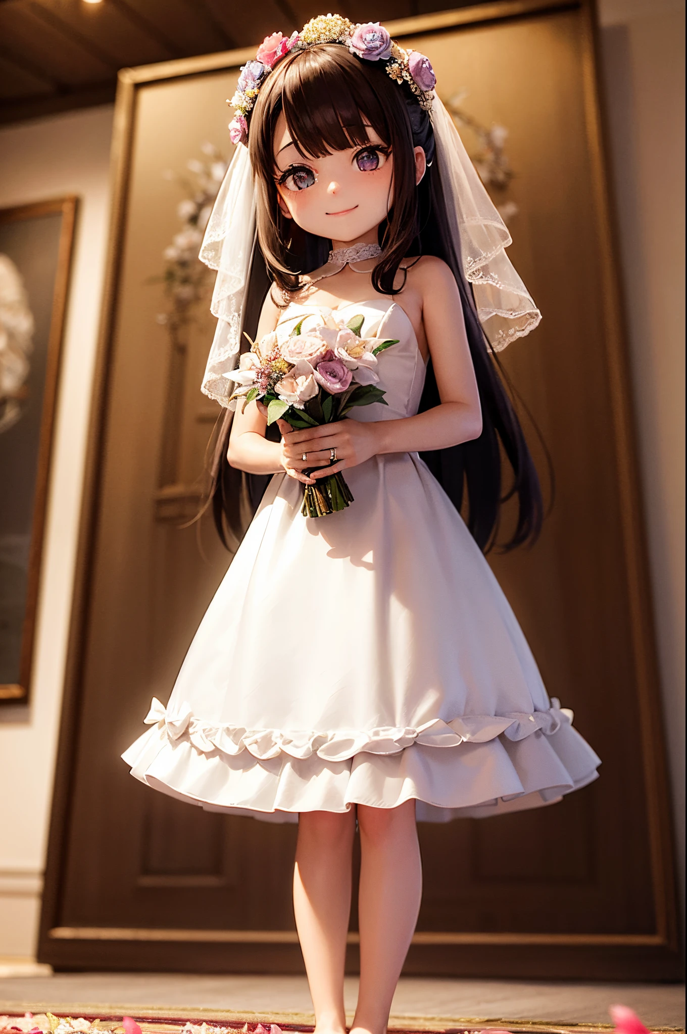 photoRealstic、Nendroids in wedding dress standing in front of the painting、A smile、watercolor Nendoroid、(High Definition Figure)、Flowing iridescent silk、up of face、Eye Up、Colorcon with heart pattern、Floral dress、There are also flowers in front of the nendroids、flower petals、season!!: 夏天☀ 🍂