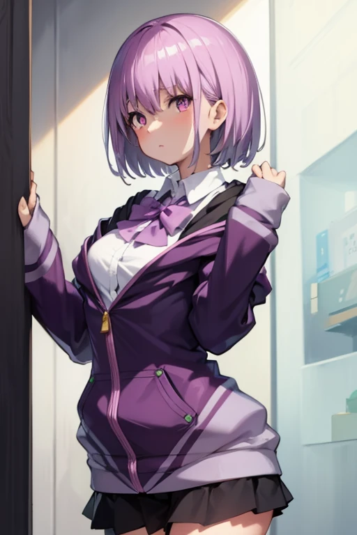 masterpiece, best quality, highres, shinjou akane, 1girl, solo, shirt, bow, skirt, purple jacket, jacket, white shirt, long sleeves, short hair, black skirt, collared shirt, open clothes, bowtie, purple bow, breasts, bangs, red eyes, pleated skirt, off shoulder, open jacket, sleeves past wrists, light purple hair, purple bowtie, miniskirt,  room, (skirt lift:1.3), bare legs, white panties,