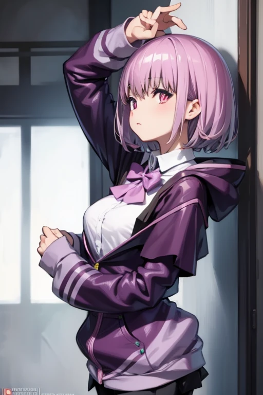 (absurdres, 8k, 4k, masterpiece, hyper extreme detailed:1.2), solo, front view portrait, best quality, portrait, solo, adult, cowboyshot, perfect anatomy, 1girl, perfect face, expressive eyes, perfect eyes, t-shirt, standing up, standing against wall, bound, bondage, (arms behind back:1.4), bdsm, tape gag, tape, tape bondage, close-up, restrained, best anatomy, half body, taped thighs, taped legs, legs together, tape wrapped, wrap gag, tightly bound, tape wrapped around face, standing, aakyoko, long hair, purple hair, side braid, blunt bangs, hair ribbon, black ribbon, high collar, brown necktie, black jacket, open clothes, long sleeves, black gloves, black skirt, pleated skirt, danganronpa \(series\), lilac hair, light hair color, solo, 1girl