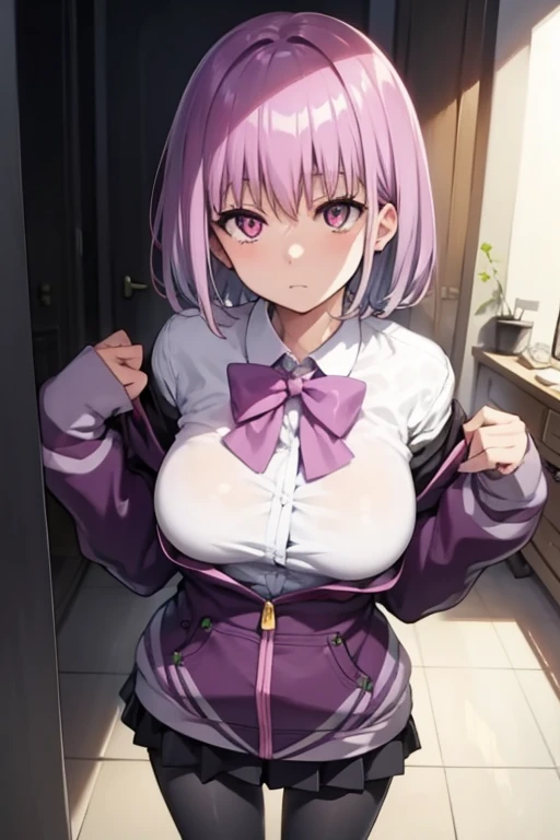 akaneshinjou, shinjou akane, light purple hair, (pink eyes:1.2), short hair,
BREAK black pantyhose, bow, collared shirt, hood, hooded jacket, jacket, open clothes, open jacket, open shirt, pantyhose, purple bow, purple jacket, school uniform, shirt, sleeves past wrists, unbuttoned shirt, white shirt,,
BREAK indoors, city,
BREAK looking at viewer, BREAK (masterpiece:1.2), best quality, high resolution, unity 8k wallpaper, (illustration:0.8), (beautiful detailed eyes:1.6), extremely detailed face, perfect lighting, extremely detailed CG, (perfect hands, perfect anatomy),