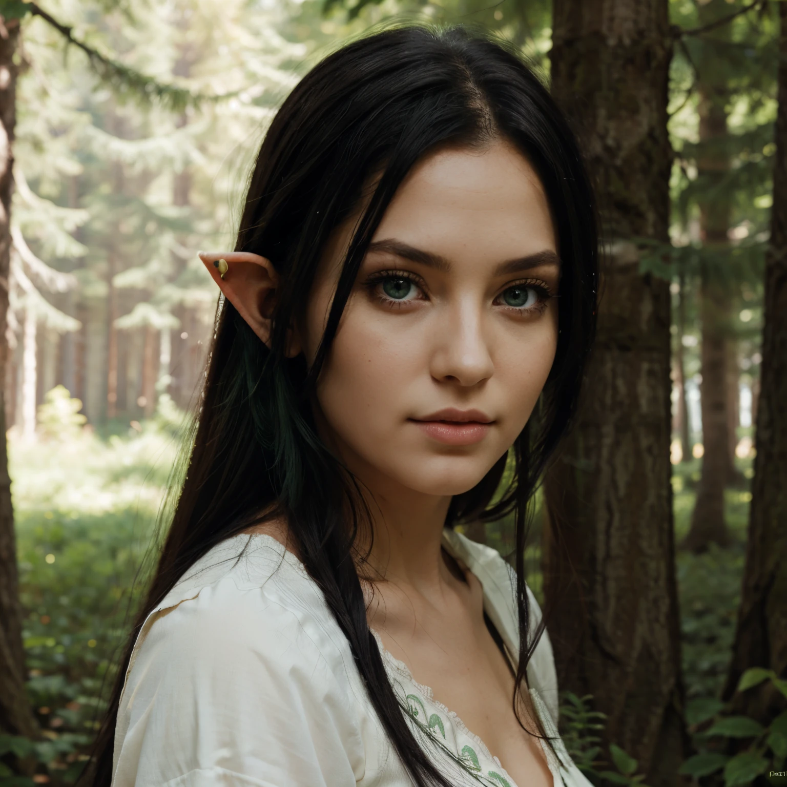 Female high elf black hair forest green eyes