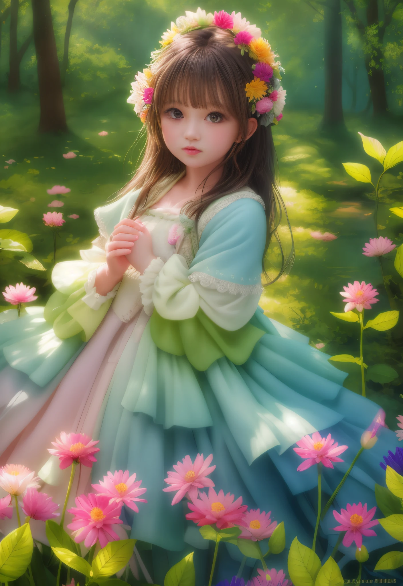 girl in a forest with floating flowers, river, puffy, puffy cheeks, cute,
vibrant colors, colorful art style, 
soft lighting, soft shadows, detailed textures, dynamic lighting,  
nice hands, perfect hands, 
