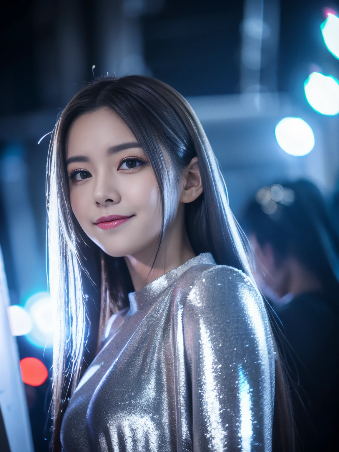 (the detailed images,fullbody image,:0.5), Cinematic,girl, spaces, Serious, Detailed eyes, Detailed face, silver Clothes,full bodyesbian,Detailed beautiful clothes, Lights in clothes, (Sighting gun:1.1), (Details of the beautiful woman everyone is jealous of:1.1), ( Look forward, smile and look at me:1.1),