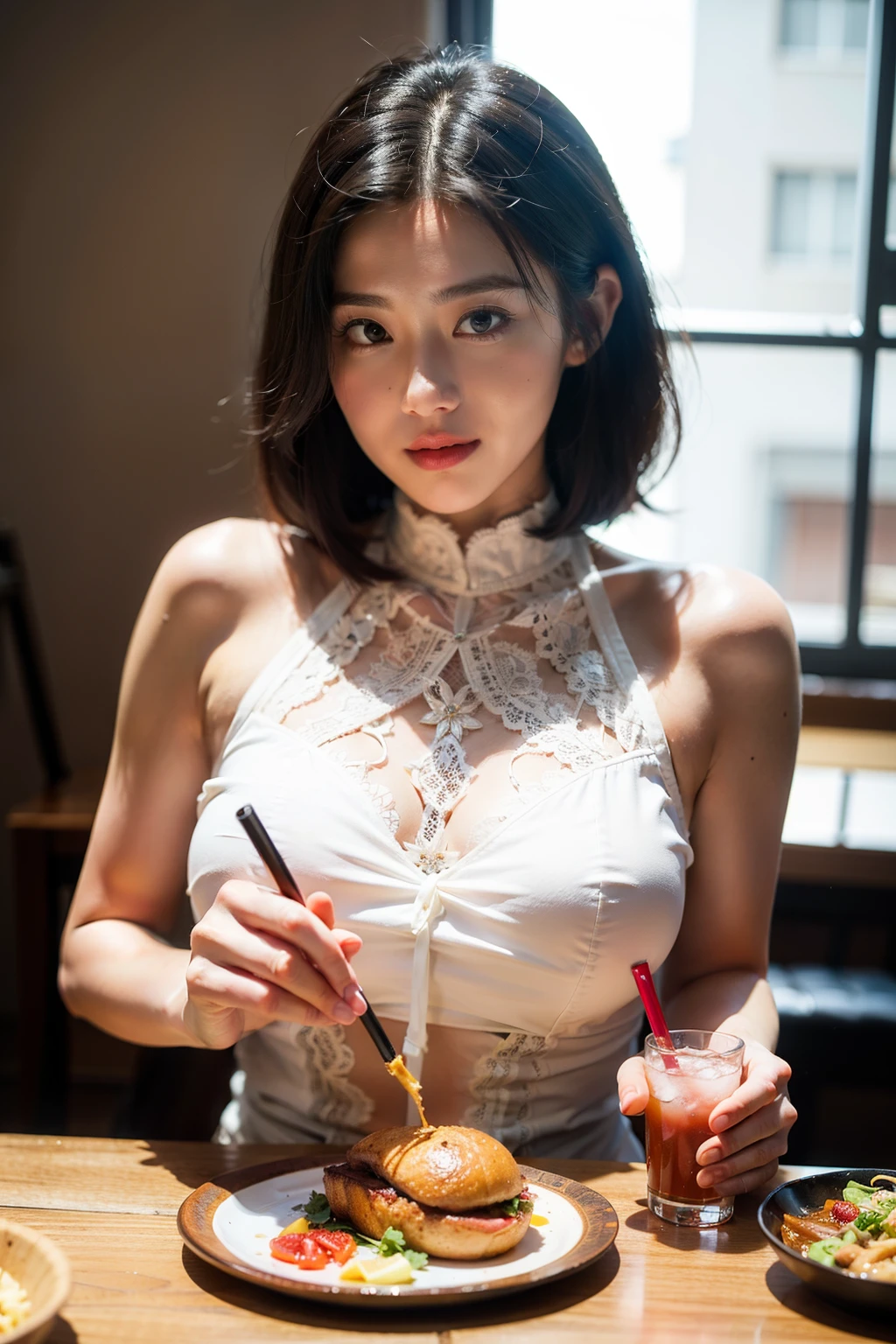 (actual),tmasterpiece,Best quality at best,电影灯光,naturalshadow,highest details,professional photoshooting,detailedbackground,depth of fields,insanely details,iintricate,Aesthetic,详细的脸,sub surface scattering,looking at viewert,1个Giant Breast Girl,full bodyesbian,light smile,big breasts enchanting,20 years,French Bob Hair.ahoge,(MD colorful),fit and flare lace dress,frilld,playing instrument, delicacies, Delicious food, Gastronomic experience, Refreshing drink, International cuisine, food culture
