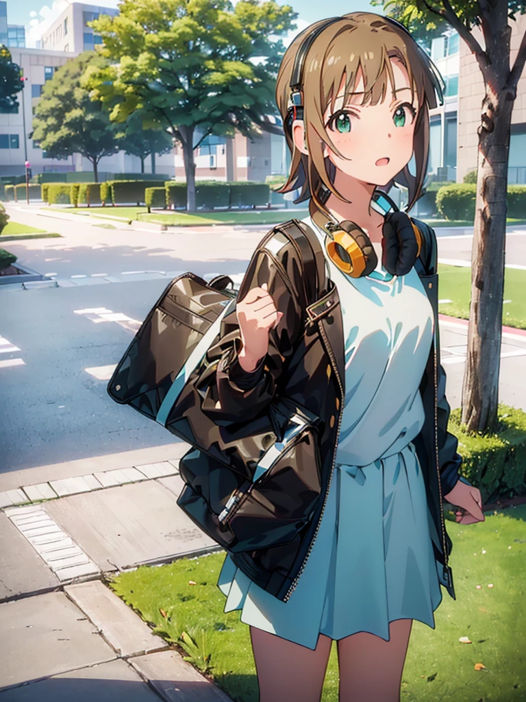 photographrealistic, Sense of depth, Absurd resolution, High resolution, 8K, 4K, detail, Best Quality, (Raw photo, Best Quality, masters:1.2), (Realistic, Photorealsitic:1.37), ultra-detailliert,

((((Riina Tada from Idol master)))), ((1little girl)), 16yo, (((light brown hair))), (green eyes), (((diagonal bangs))), (Blunt bangs), (middle hair),  (((headphones on her neck))), (with guitar case), ((Hair parting is on the left side)), 
White tee shirt, pleatedskirt, Black jacket,
((small tits)),

Opening Mouth, Looking at the camera, full-face blush,

full body, view from below, looking back,