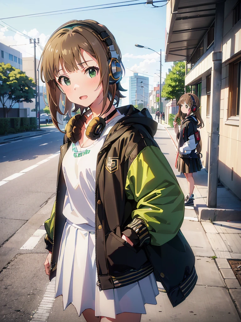 photographrealistic, Sense of depth, Absurd resolution, High resolution, 8K, 4K, detail, Best Quality, (Raw photo, Best Quality, masters:1.2), (Realistic, Photorealsitic:1.37), ultra-detailliert,
((((Riina Tada from Idol master)))), ((1little girl)), , (((light brown hair))), (green eyes), (((diagonal bangs))), (Blunt bangs), (middle hair), (((headphones on her neck))), (with guitar case), ((Hair parting is on the left side)),
White tee shirt, pleatedskirt, Black jacket,
((small tits)),
Opening Mouth, Looking at the camera, full-face blush,
full body, view from below, looking back,