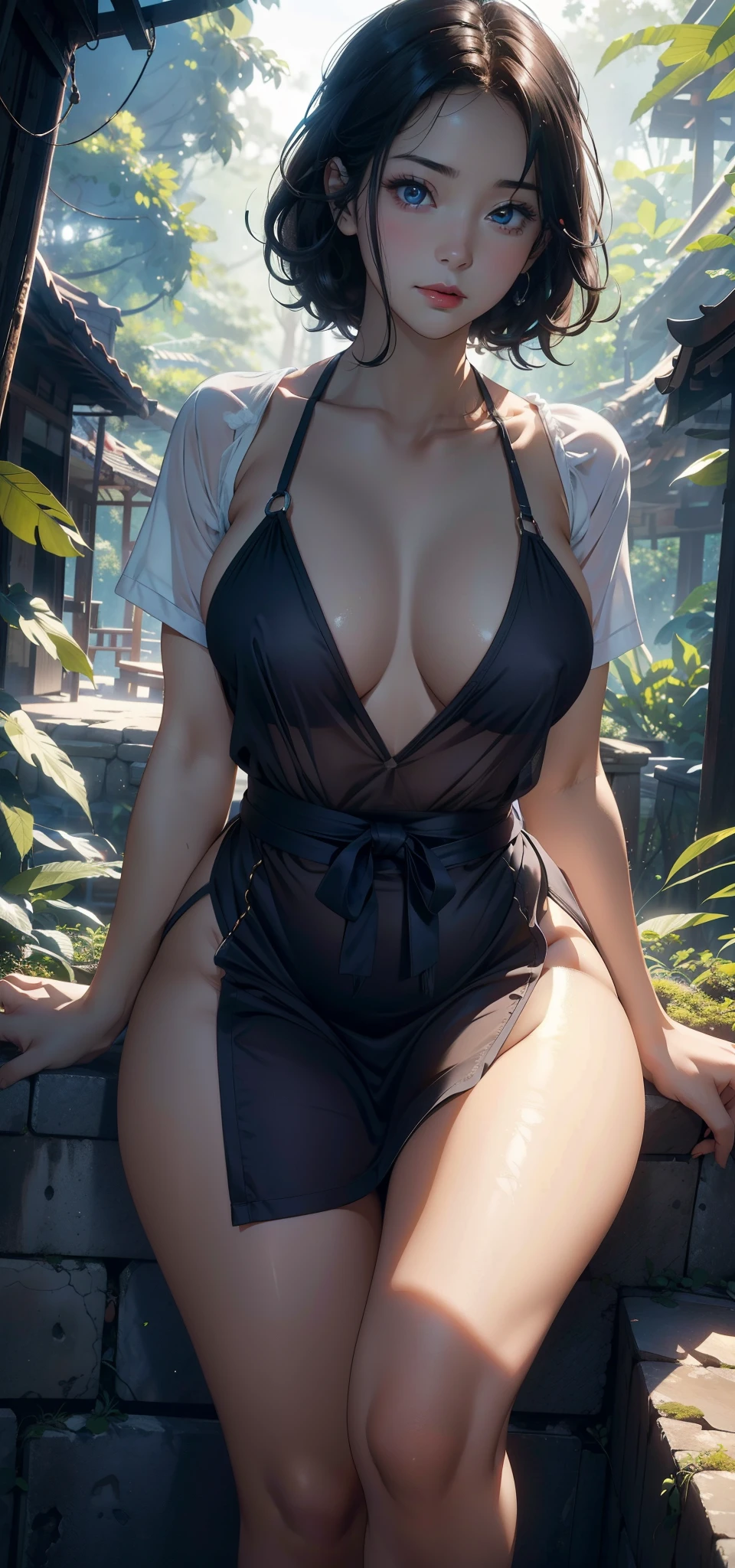 1female,25 age old,Large breasts,long leges,big chest and thin waist,a little bit chubby, photo exposure, 独奏,(Background with:at a forest,the rainforest,in summer) She has short black hair,The stands up,seen from the front, curlies, The sky is mostly cloudy,(((tmasterpiece),(Very detailed CG unified 8k wallpaper),Best quality,电影灯光,detailed back ground,beautidful eyes,Bright pupils,(very delicate beautiful),(Beautiful and detailed eyes description),ultra - detailed,tmasterpiece,)),facing at the camera,A high resolution,ultra - detailed),Redlip,Expose breasts exposed,Bare genitals, Camel toes,(dressed in:Blue see-through shirt,Sexy apron)nakeness,