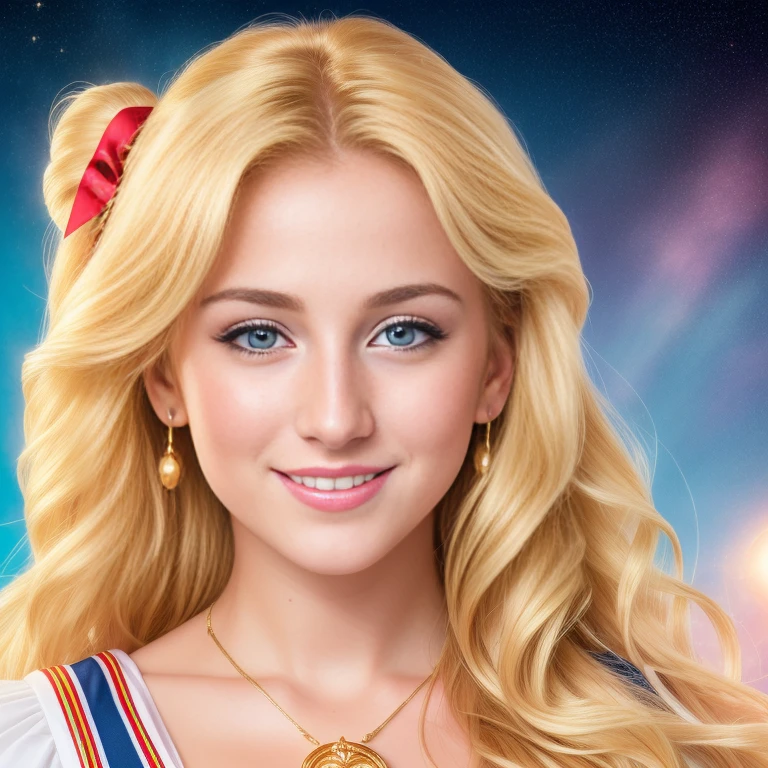 (best quality, extremely detailed, Raw photography,,4k,8k,high res,masterpiece:1.2),ultra-detailed, photorealistic, full body shot,soaked,golden blonde, long wavy hair,Mature and beautiful, realistic portrayal:1.2 Sailor Moon posing as if she’s in a professional music video, smiling.