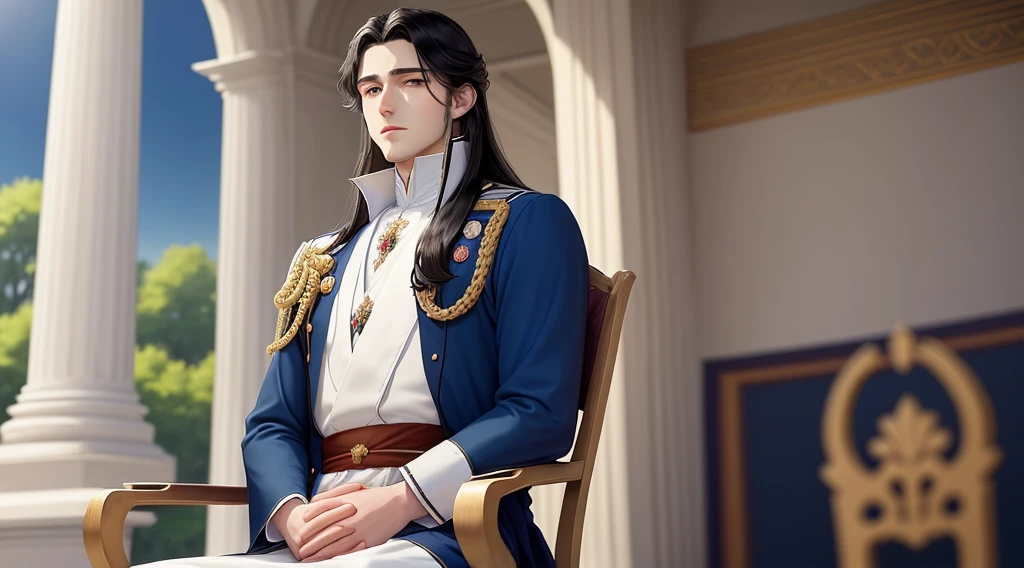 Painted anime style of a royal prince. He has a slightly round face with light stubble on his chin. He has blue eyes and pale skin. He has long black hair that goes past his shoulders. He is outside in the palace garden sitting on a chair. He looks very relaxed and calm. He wears a royal blue jacket with a white shirt underneath. 3/4th view.
