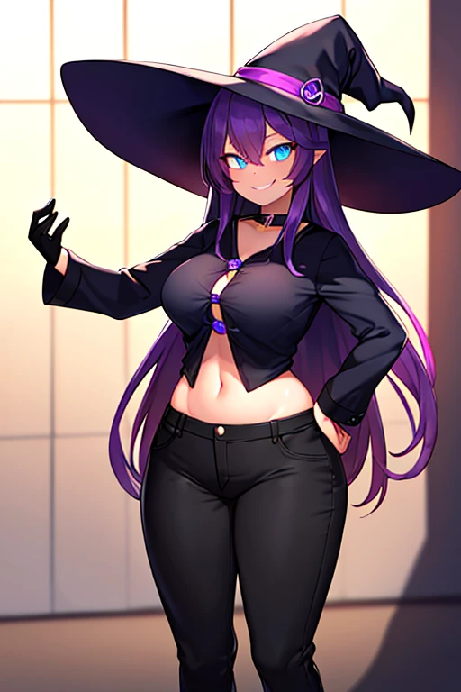 Breasts, witch, purple hair, blue eyes, long hair, witch hat, shadows, darkness, dark, magic, smile, smug, shirt, pants, wide hips, black clothes, black hat, shadows, glowing eyes
