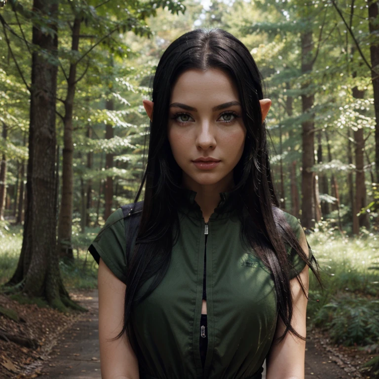 Female high elf black hair forest green eyes