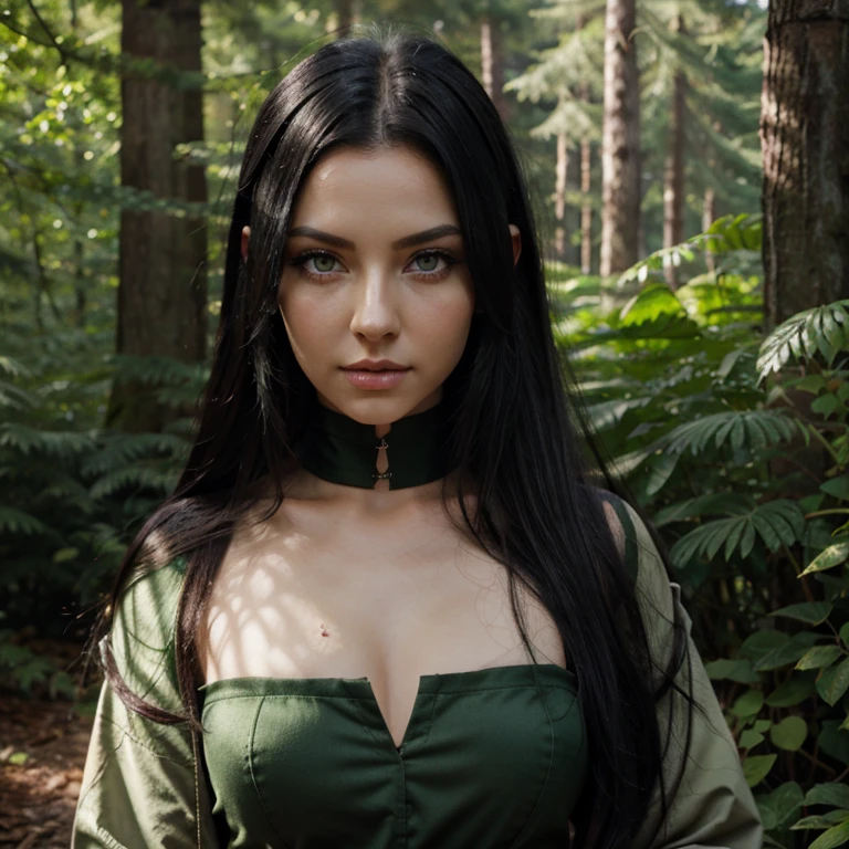 A girl with long, blue-black hair, emerald green eyes and with a katana