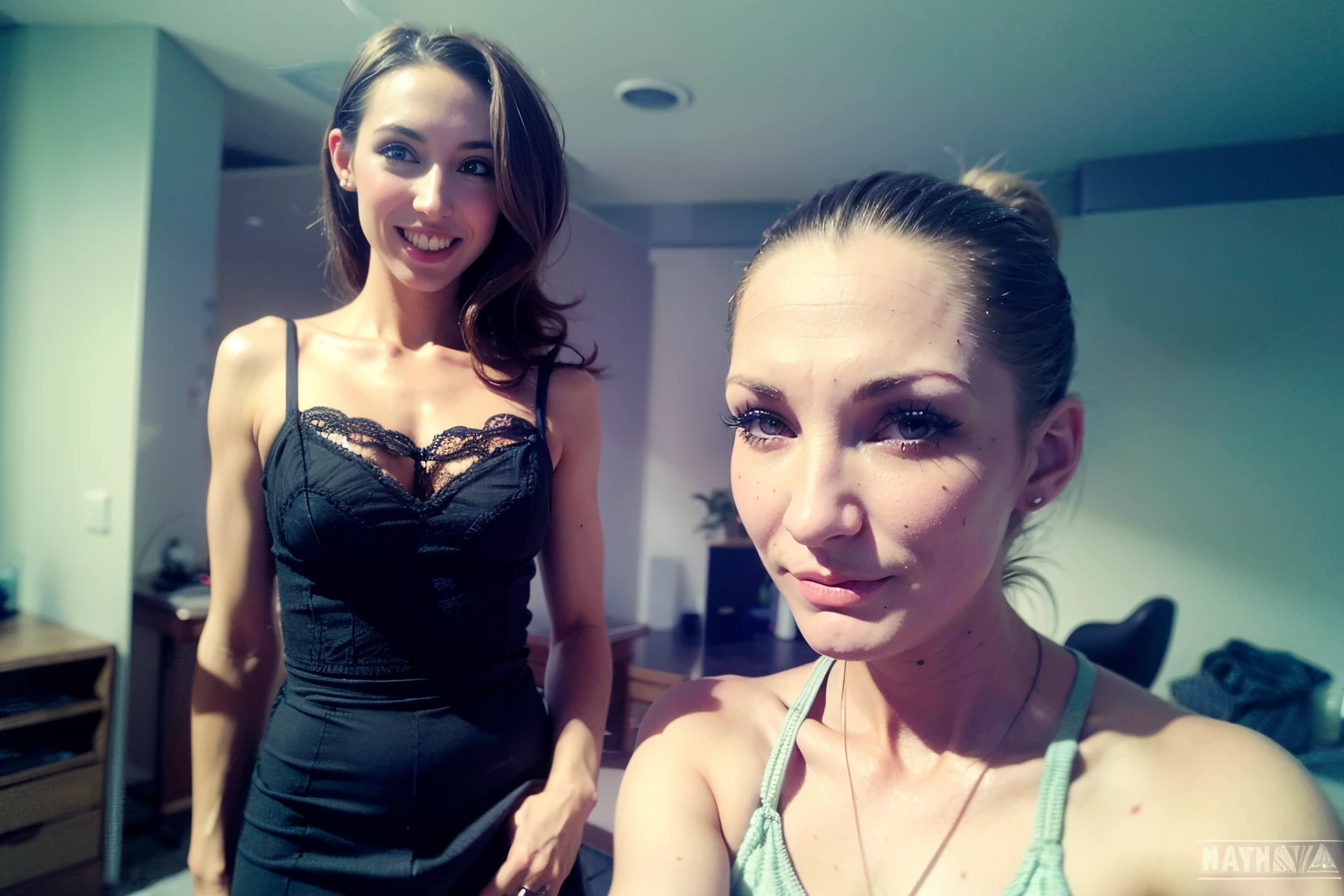 Sophie Strauss brunette hair and Marija ponytailed blonde hair, dark makeup, mascara, long eyelashes, selfie standing, both are staring at you, seductive, hot looking, detailed face features. Luxury apartament in background.