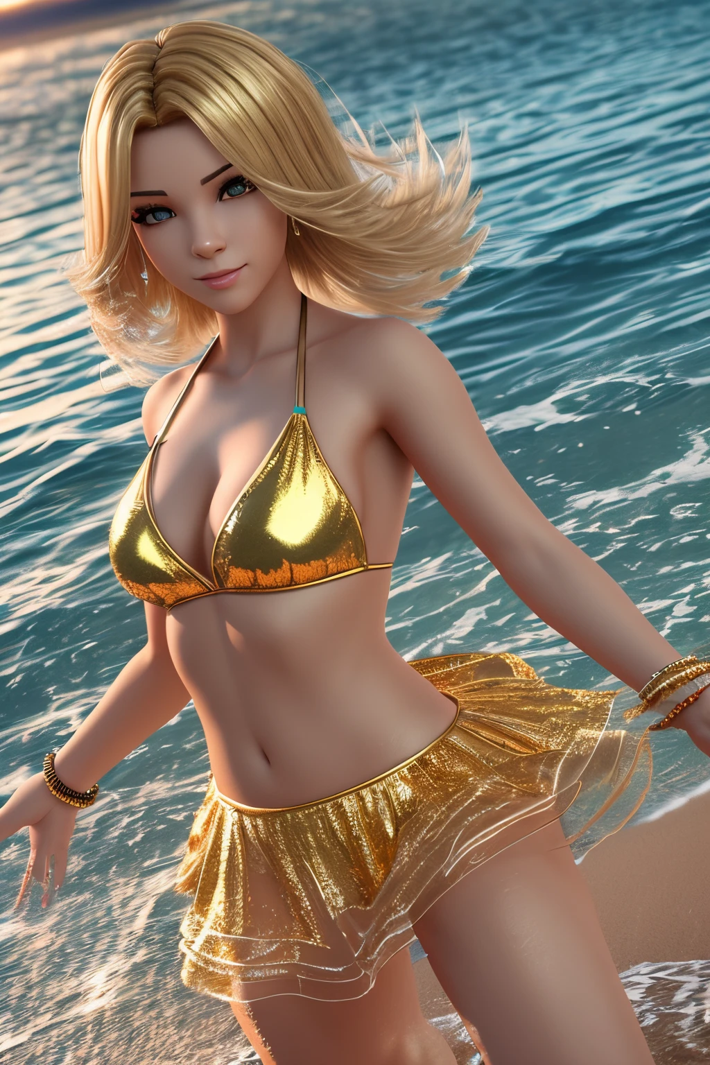 **Digital 3D Art Style** *Description:* 3D render of a female dancer with golden hair. *Environment:* 3D beach setting with realistic water reflections. *Atmosphere:* Lively and energetic, emphasizing her dance moves. *Realization:* 3D rendering using a software with high-resolution textures. Prompt: /imagine3D render of female dancer with golden hair, 3D beach setting with realistic water reflections, lively and energetic mood, 3D rendering with high-resolution textures, detailed lighting settings ,[Subject], rendered in a [Style] style. The color scheme is dominated by [Color Scheme], conveying a [Mood] mood. In the background, there is [Setting],3d natural face style,3d hologram style, --auto --s2