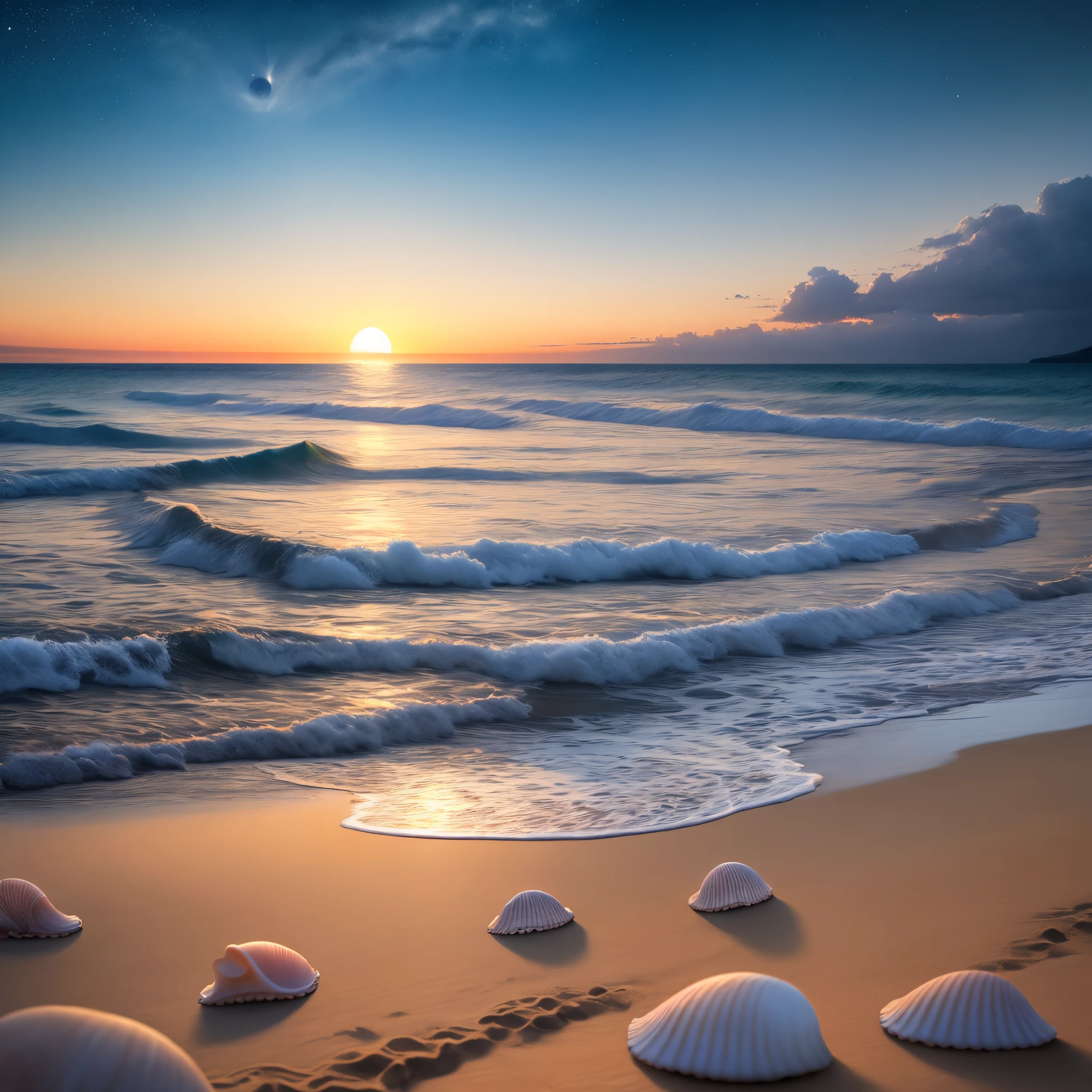Moonlight sky overlooking a beautiful beach with heart-shaped seashells