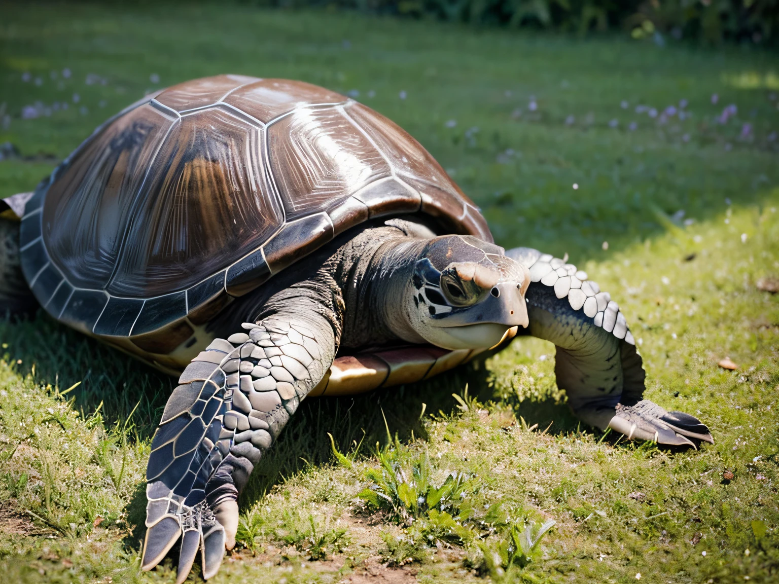 A turtle lying on the grass