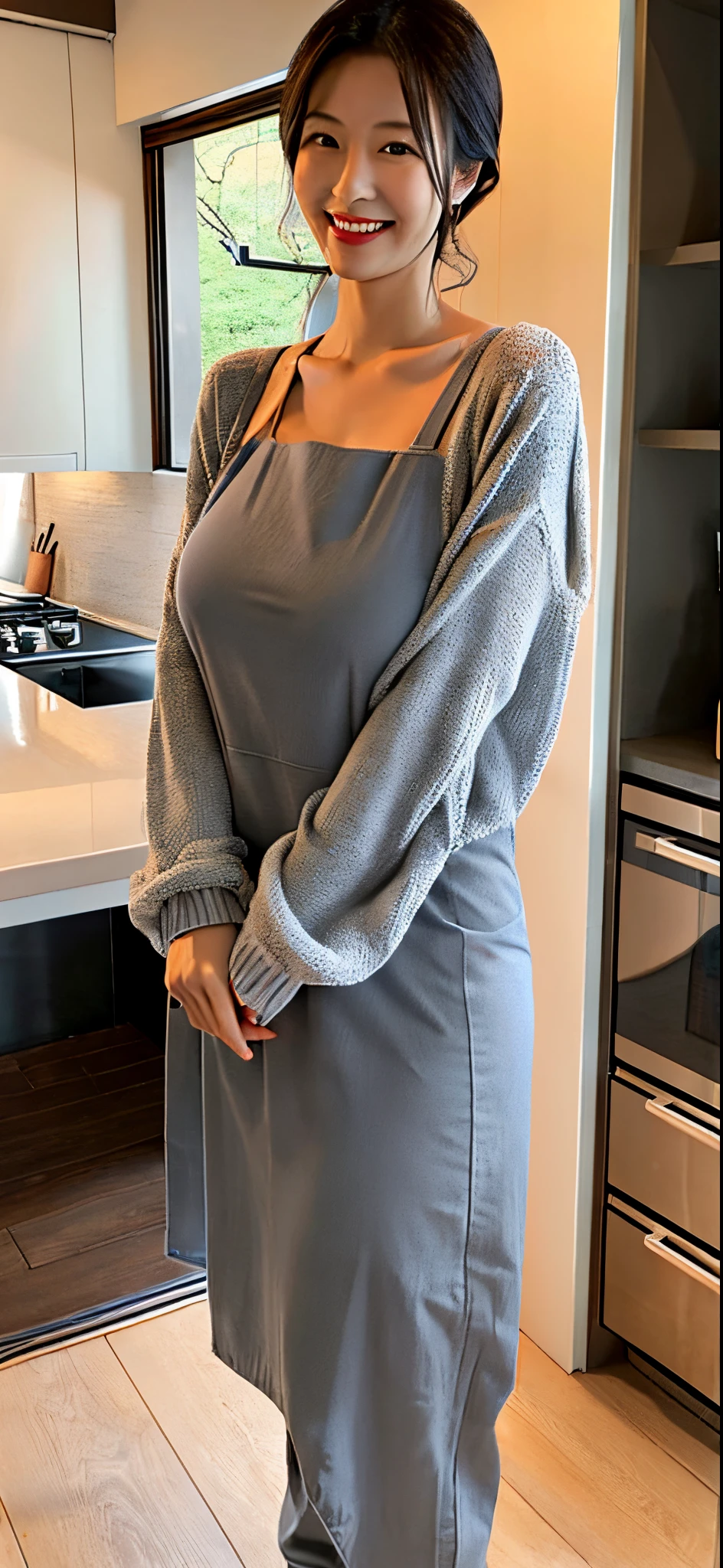 The most beautiful mother in Japan(Giant body)、Obscene and too big long breasts、Too erotic mom、A body that accepts all sexual desires、Standing in the kitchen、Gray long sleeve tight knit、Wearing wide nacho pants、broad shoulders、Wearing an apron、32K image quality、top-quality、Turn around、Saying good morning with a smile