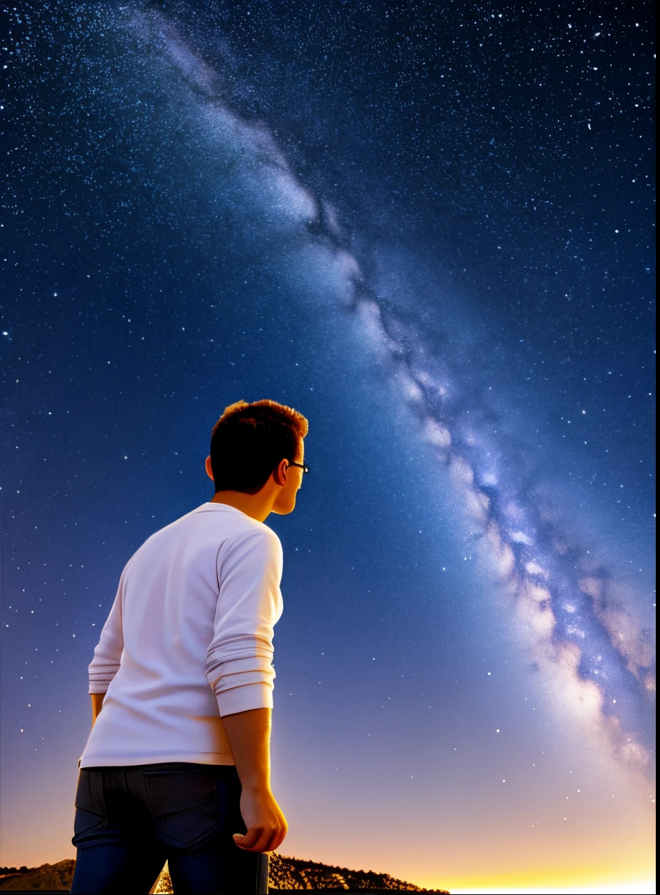 Man looking at the sky through a telescopic, Sky with stars, estrelas cadentes, nebulosas