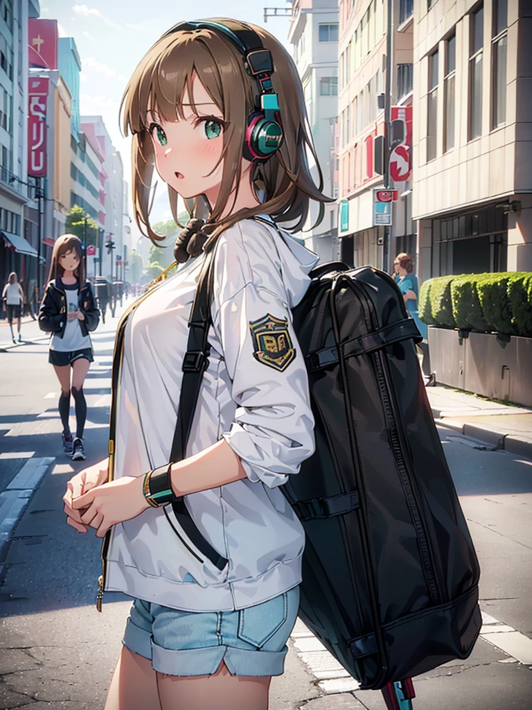 photographrealistic, Sense of depth, Absurd resolution, High resolution, 8K, 4K, detail, Best Quality, (Raw photo, Best Quality, masters:1.2), (Realistic, Photorealsitic:1.37), ultra-detailliert,
((((Riina Tada from Idol master)))), ((1little girl)), , (((light brown hair))), (green eyes), (((diagonal bangs))), (Blunt bangs), (middle hair), (((headphones on her neck))), (with guitar case), ((Hair parting is on the left side)),
White tee shirt, white shorts, Black jacket,
((small tits)),
Opening Mouth, Looking at the camera, full-face blush,
full body, view from below, looking back,