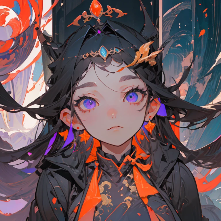 (Figures: Ninomae Ina'NIS), {purple hair}, tentacle hair, violet eyes, golden tiara, {{Masterpiece}}, Best Quality, extremely detailed CG unity 8k wallpaper, Cinematic lighting, lens flare, beautiful detail eyes, side glance, colorful light, Particles, A girl, 独奏, extreme close up portrait,