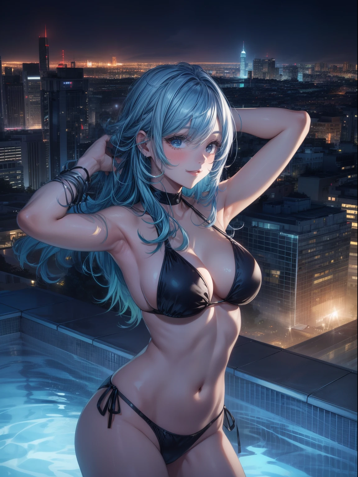top-quality、Full limbs、complete fingers、1girl in、((one beautiful women、独奏))、Beautiful Large Breasts、lightblue hair、Medium hair、straight haired、Black bikini、Naughty Poses、Pool on the roof of a luxury hotel、Night Pool、Lit up、skyscraper、You can see the night view、A big smile