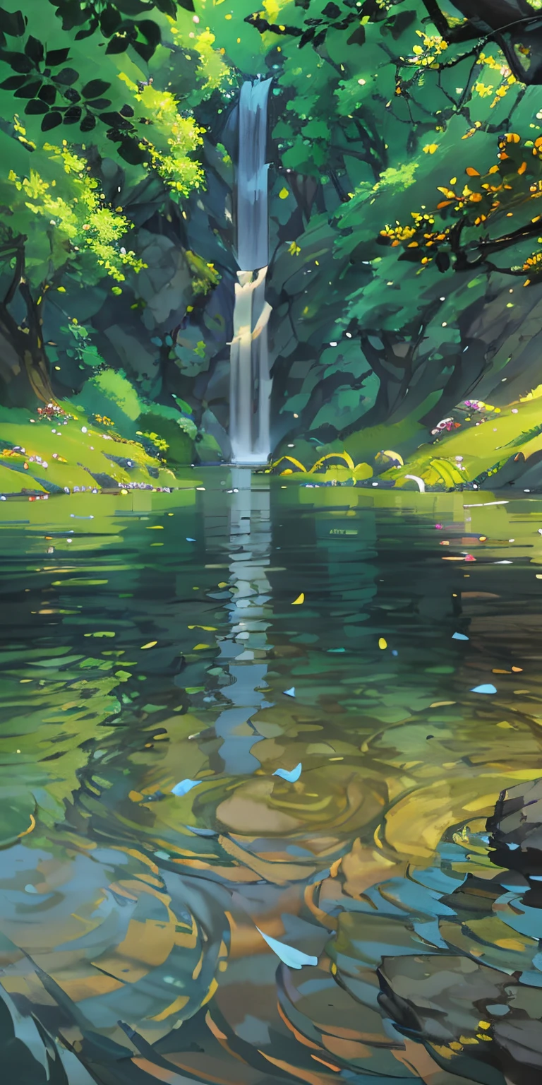 Chinese ancient times, spring, jungle, lake, cave, waterfall, tree, meadow, rock, deer, hot spring, petal, water vapor, (illustration: 1.0), epic composition, realistic lighting, HD detail, masterpiece, best quality, (very detailed CG unified 8k wallpaper)