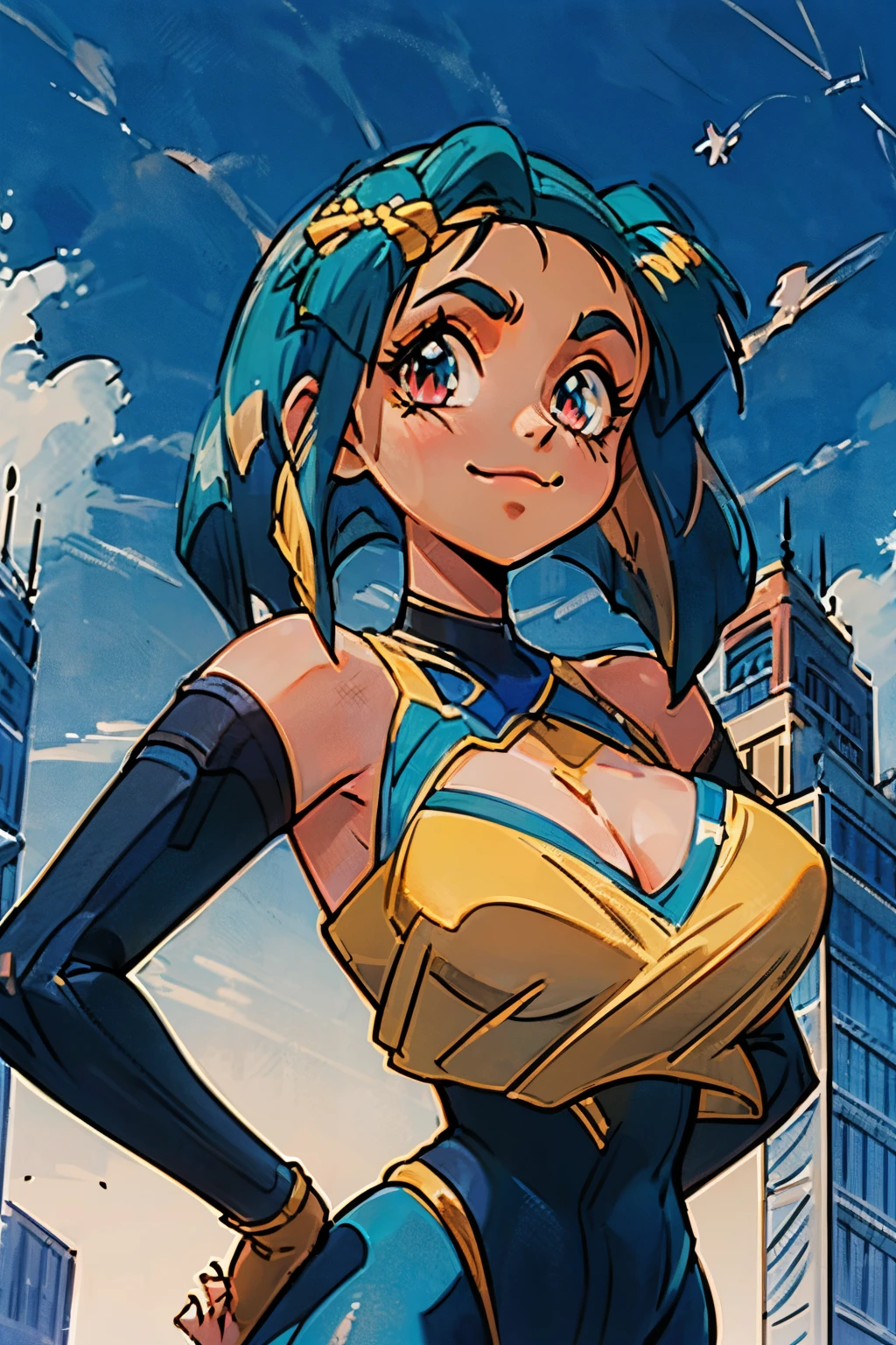 masterpiece, best quality, ultra-detailed, illustration, colorful, flat color, depth of field, lens flare, 1girl, sona \(league of legends\), , huge , all fours, blue hair, violette eyes, gradient hair, twintails, hair ornament, anime, (shortstack), (shortstackBT), (closeup, cowboy shot, view from below), (upper body), open shoulders, cleavage, looking at viewer,  short height, detailed fabric texture, beautiful detailed face, smile, seductive, alluring attire, collarbone, (gigantic breasts, saggy breasts, huge breasts, curvy, voluptuous, curvaceous), (hands on hips), makeup