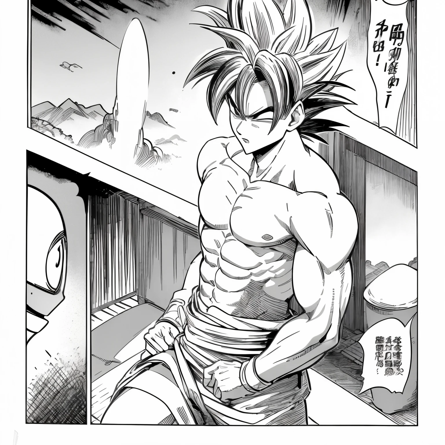 son goku, 1boy, closed mouth, male focus, muscular, muscular male, rock, sash, serious, solo, spiked hair, topless male, torn clothes, ultra instinct, black eyes, black hair, ((masterpiece)), 4 pages, son goku entering into a confrontation, Detailed Scenery