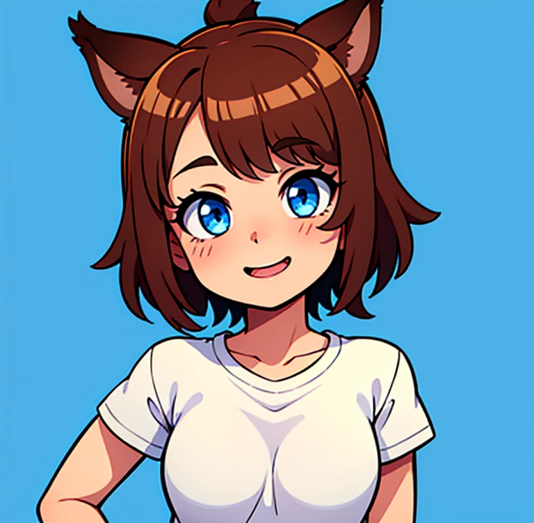 Blue eyes, brown hair, Miqo&#39;te, cat ears, short hair, happy white T- shirt, blue background