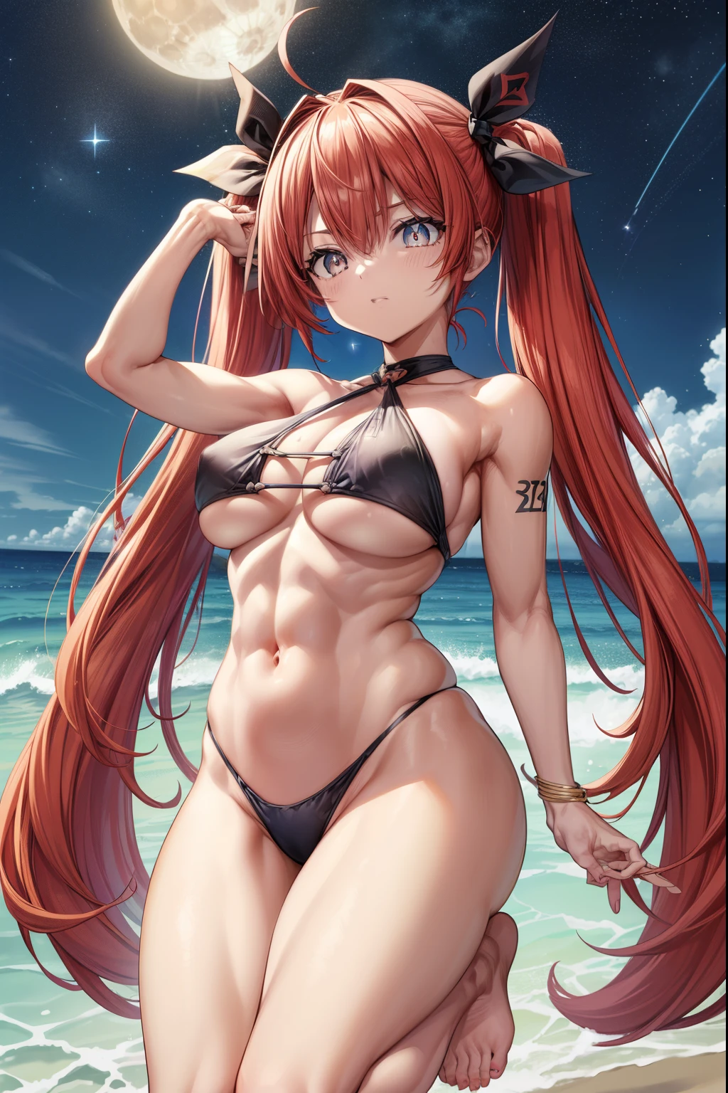 oriitsuka, Kot Itsuka, cabelos longos, (((olhos vermelhos:1.5))), red hair, Ahoge, (peito achatado:1.2), ((twintails)))(, fita de cabelo, fita preta, olhando para o espectador, beach scenery with starry sky and full moon in the sky, middle boobs,s musculosa, barriga musculosa, quadris largo, cintura fina, standing on her feet, barefoot, foto de corpo inteiro, (master part:1.2), best quality, high resolution, Unity 8k papel de parede, (illustration:0.8), (belos olhos detalhados:1.6), Rosto extremamente detalhado, perfect lighting, CG extremamente detalhado, (perfect hands, anatomia perfeita),
