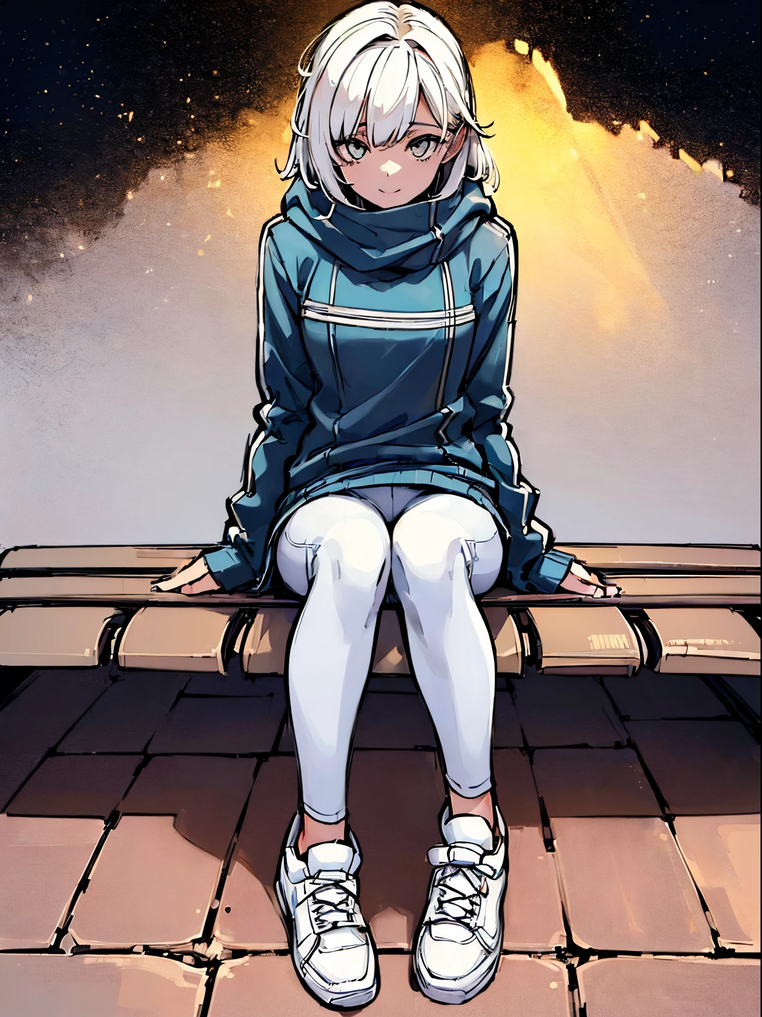 A girl sitting naughty, sarcastic smile, white eyes, snapback, bubble jacket, tight pants, white sneakers, (((the girl is sitting on a bench supporting herself in the middle of the void))), {unity wallpaper Extremely detailed 16k CG}, expansive landscape photography, (a view from below with focus on the sky above), (wide open field view), (low angle shot), (high light: 1.5), (low light : 1.6), (warm light source: 1.5), complex details, (iridescent colors: 1.2), (bright lighting), (atmospheric lighting), dreamy, unique,