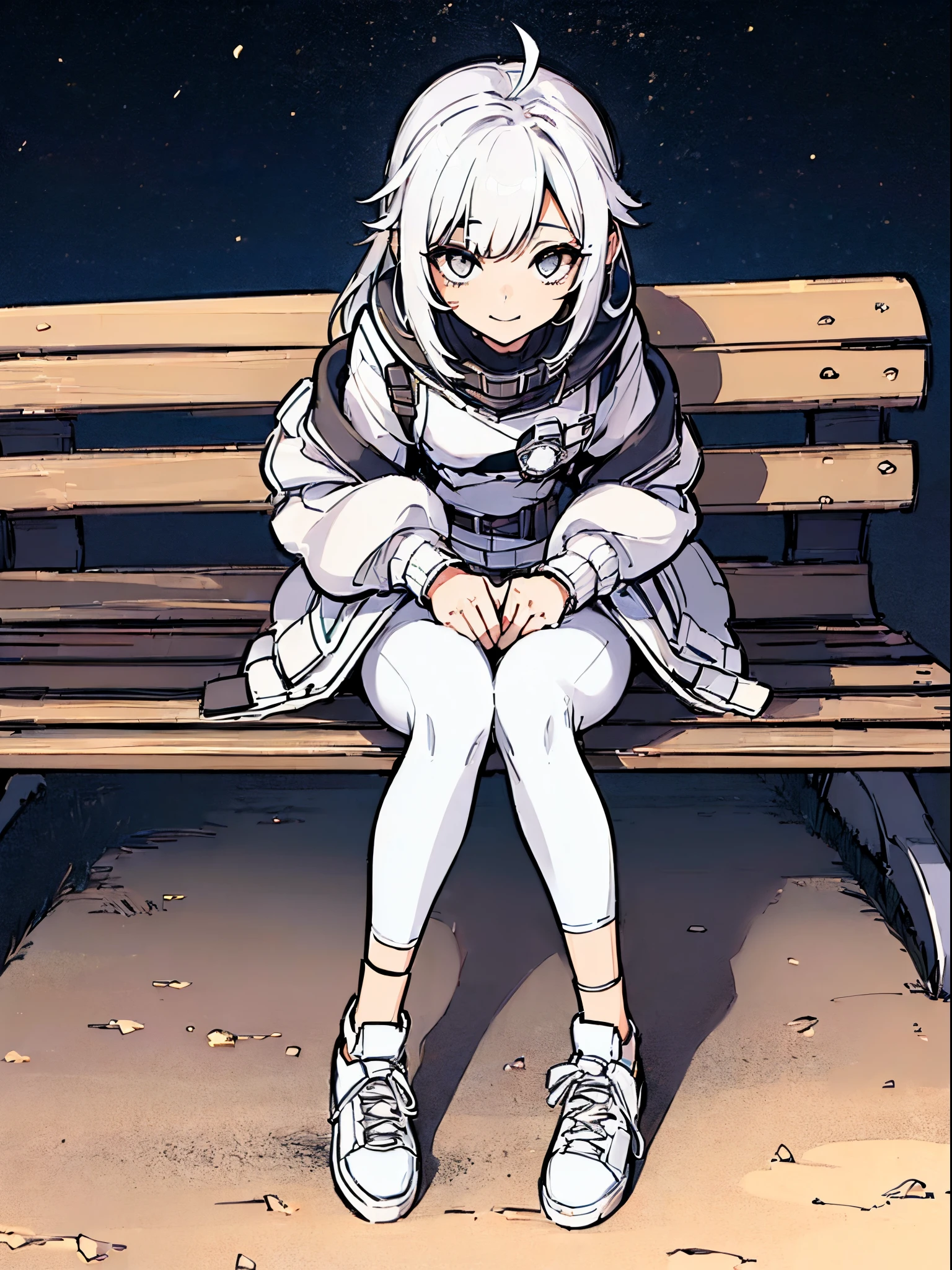 A girl sitting naughty, sarcastic smile, white eyes, snapback, bubble jacket, tight pants, white sneakers, (((the girl is sitting on a bench supporting herself in the middle of the void))), {unity wallpaper Extremely detailed 16k CG}, expansive landscape photography, (a view from below with focus on the sky above), (wide open field view), (low angle shot), (high light: 1.5), (low light : 1.6), (warm light source: 1.5), complex details, (iridescent colors: 1.2), (bright lighting), (atmospheric lighting), dreamy, unique,