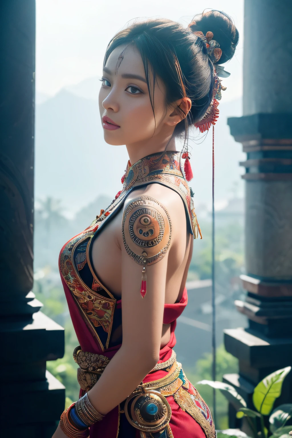 An Indonesian-styled futuristic suit worn by a girl depicting cultural fusion and modern fashion. The suit is adorned with intricate patterns and vibrant colors, showcasing the rich heritage of Indonesia. The girl stands confidently in a dynamic pose, with her detailed eyes reflecting determination and curiosity. The suit's material is a combination of traditional textiles and futuristic synthetic fabrics, giving it a unique and avant-garde appearance. The overall image quality is of the highest standard, with sharp focus and ultra-detailed rendering. The artwork employs physically-based rendering techniques, resulting in realistic lighting and shadows. The colors are vivid and vibrant, capturing the essence of Indonesian cultural aesthetics. The background features a fusion of modern architecture and traditional elements, creating a harmonious blend of the past and the future. The prompt explores the intersection of Indonesian culture, futuristic design, and the artistic representation of a confident girl.