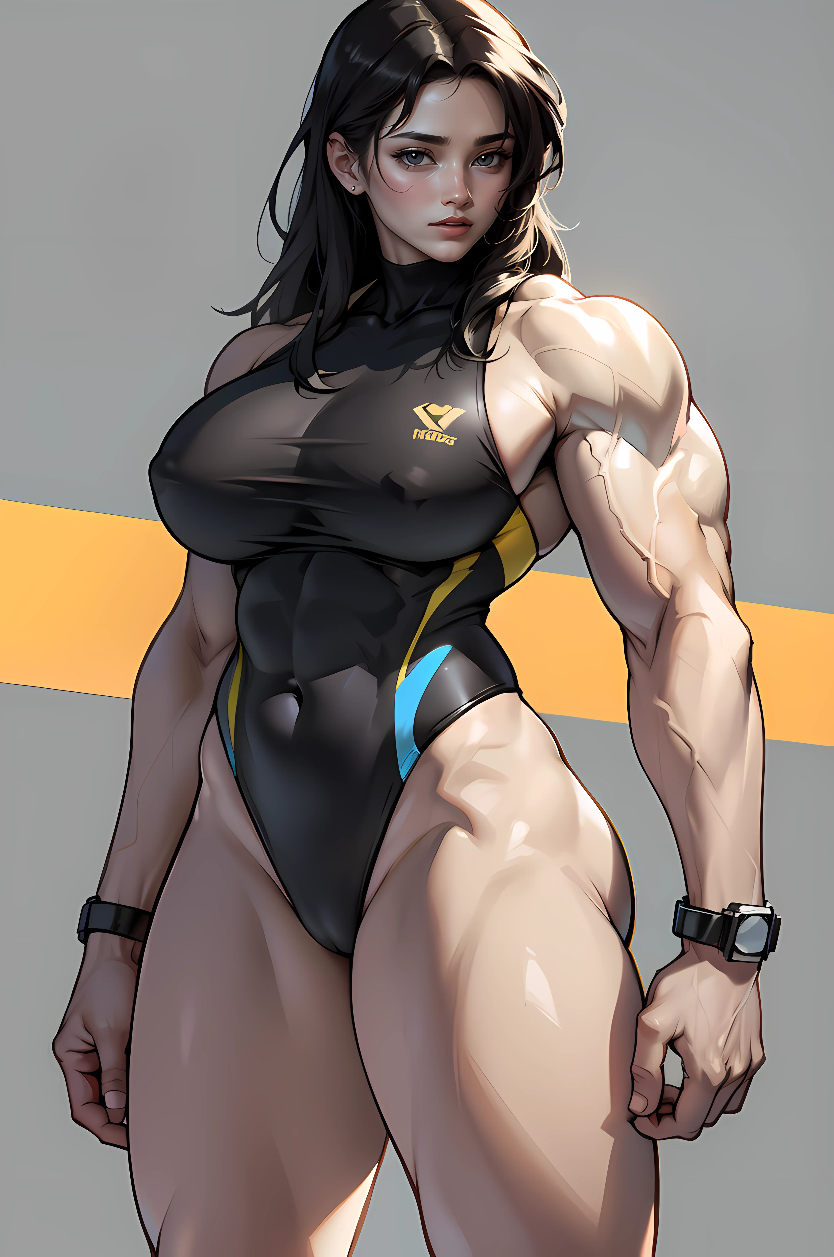 (1girl) pale skin huge breasts (muscular)) toned body thick thighs black hair yellow eyes (swimsuit long hair grey background) bodybuilder angry