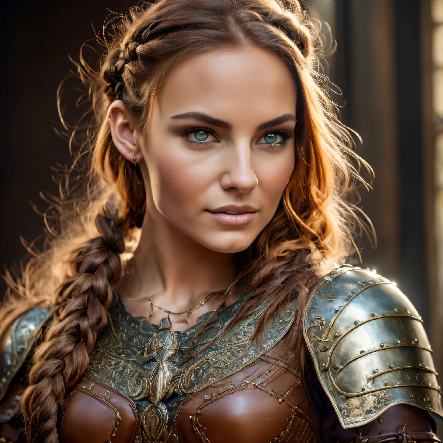 1woman, masterpiece, best quality, 8k, detailed skin texture, detailed cloth texture, beautiful detailed face, determined expression, intricate details, ultra detailed, a european woman, green eyes, auburn hair in a french side braid, 3D character, Medieval Knight, full body view, full body armor, no helmet, full plate armor, smaller breasts, 1 woman, Medieval woman with a braid in her light brown hair, wearing fitted studded leather armor, portrait of a female warrior, side portrait of medieval female warrior, portrait of very beautiful warrior woman, female character with a determined look and smirk, portrait of female warrior, fantasy character portrait, very beautiful woman top model, detailed matte fantasy portrait, beautiful female warrior, full body view