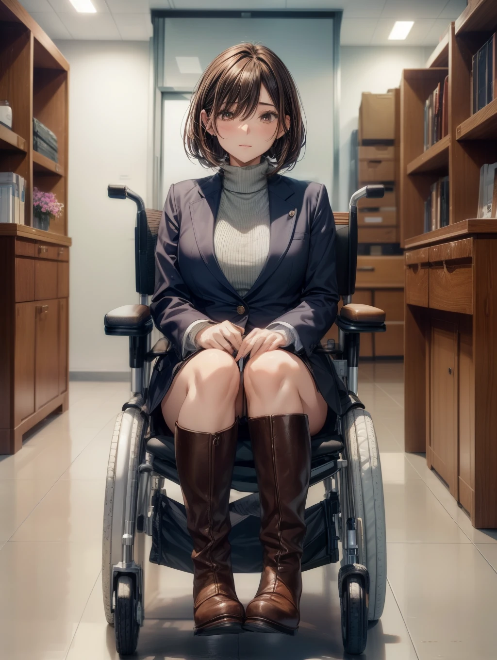 1人の女性、Best Quality, masutepiece, Beautiful mature、Beautiful face、Strong-minded woman、Being in a wheelchair、Office Suits、long boots、brown haired、Brown-eyed、Bob Hair、40 years、adult lady、Full body like、spread your legs on a wheelchair