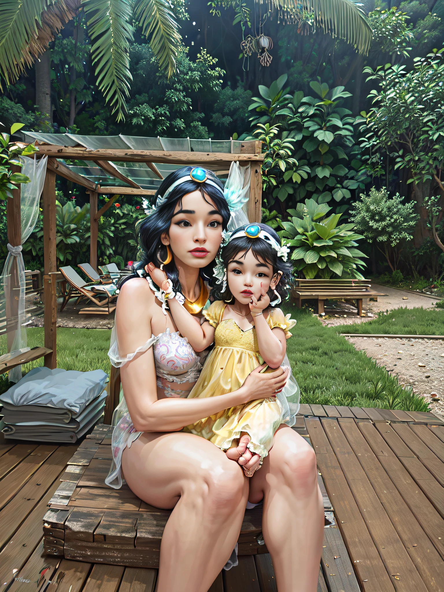 there is a woman and a child sitting on a deck, 3 5 year brazilian mother, divertindo-se, babies in her lap, with a kid, Selvas ao fundo, non blurry, com hera, Malika Favre, Mulher de 30 anos de Cuba, in the background is lush jungle, imagem de qualidade muito baixa, belos arredores