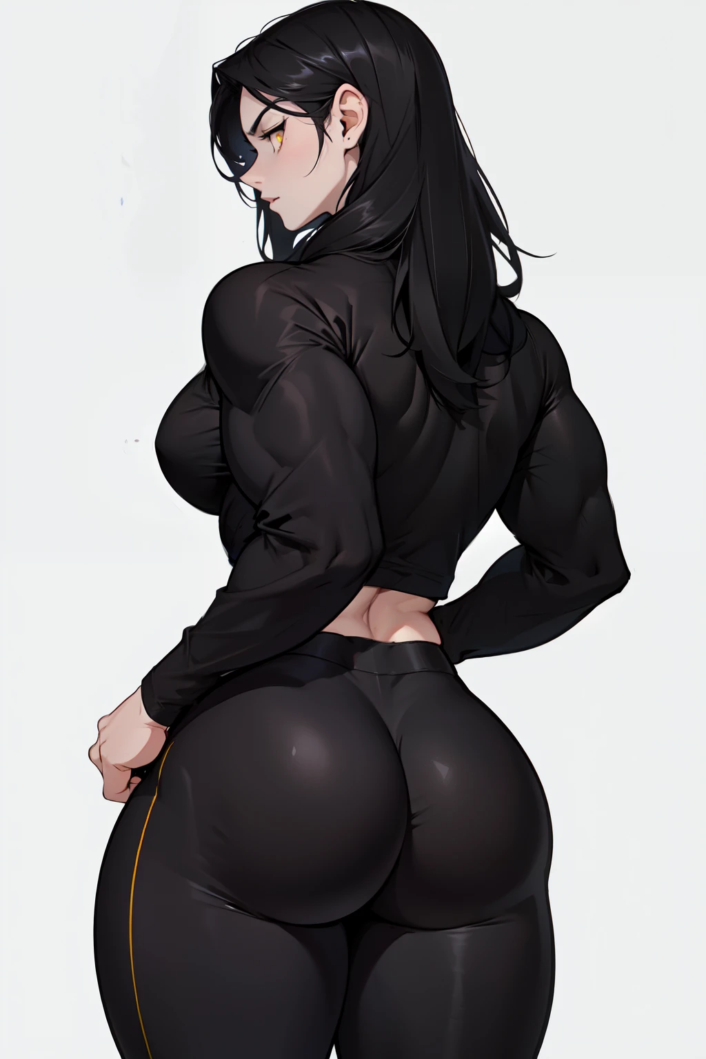 girl ((1girl)) pale skin ((muscular)) (((huge ass))) toned body thick thighs black hair yellow eyes long hair (grey background) bodybuilder (from behind) ((black leggings tight long sleeve black t-shirt))