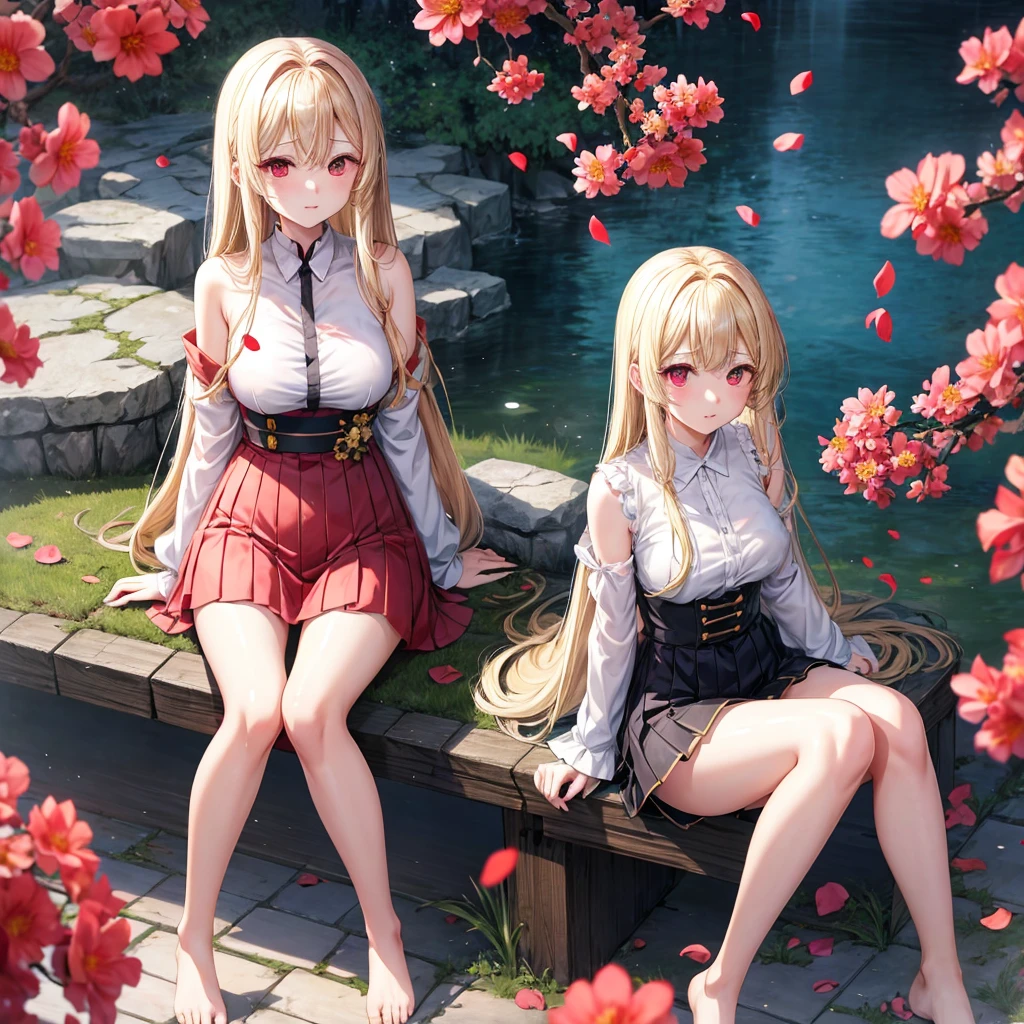 a blond、red eyes、One pretty girl、独奏、animesque、lightly dressed、a miniskirt、sitting on、flower petals、bare-legged、wetting hair、sullenness