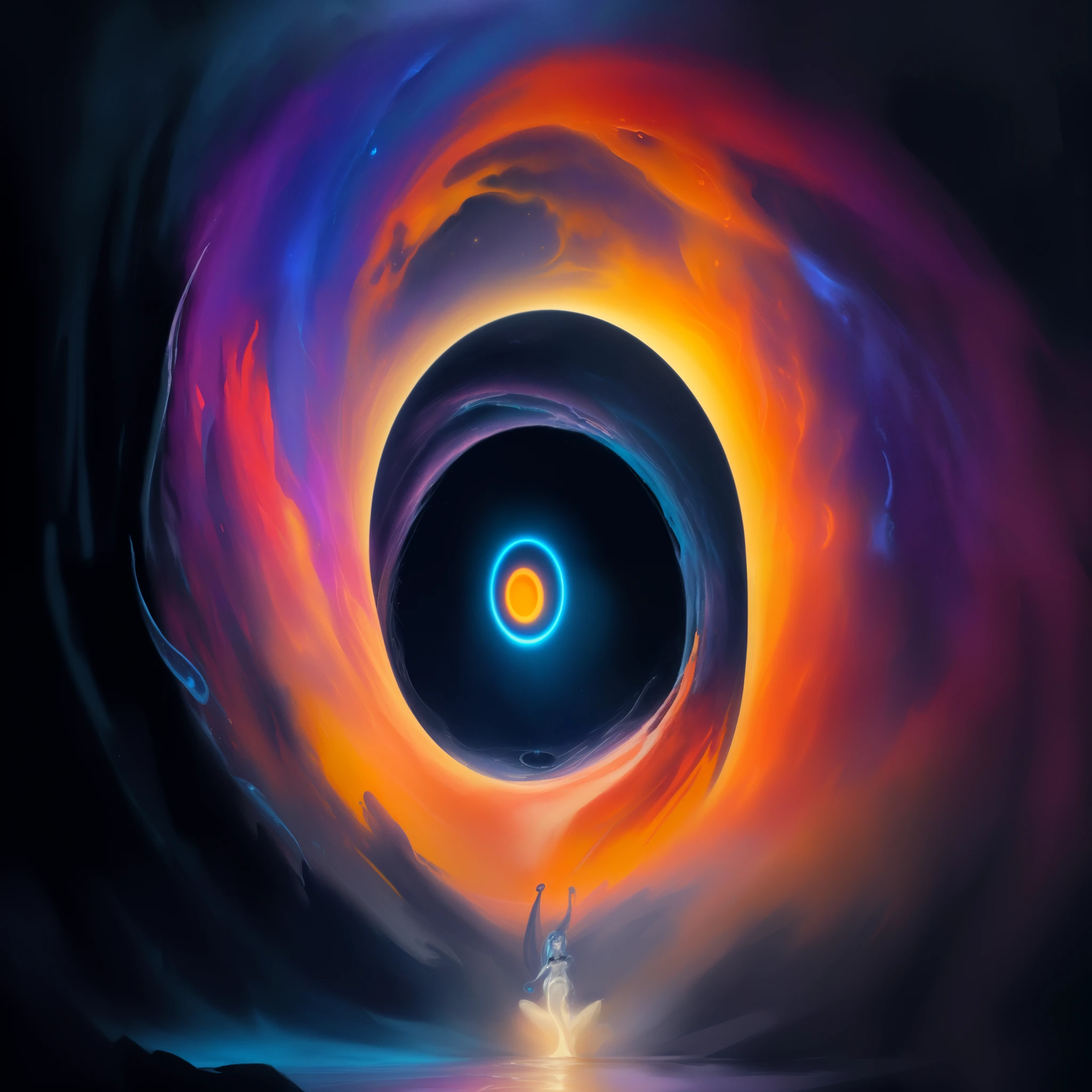 uma pintura de um buraco negro com uma luz brilhante no meio, portal luminoso do buraco negro, epic surrealism 8k oil painting, Portal do infinito interestelar, Portal para outro universo, swirling water cosmos, swirling vortex of energy, portal dimensional, Painting of a dreamlike landscape, rob mcnaughton, swirling scene, Portal to outer space