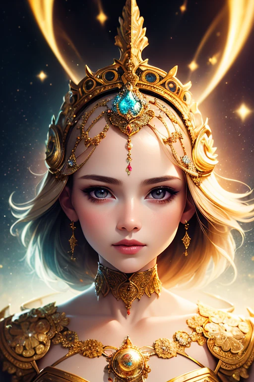 ((best quality)), ((masterpiece)), ((realistic)), portrait,
1girl, celestial, deity, goddess, light particles, halo, looking at viewer,
(bioluminescent:0.95), vibrant, colourful, color, (glowing, glow),
(beautiful composition), cinematic lighting, intricate, (symmetrical:0.5), whimsical,