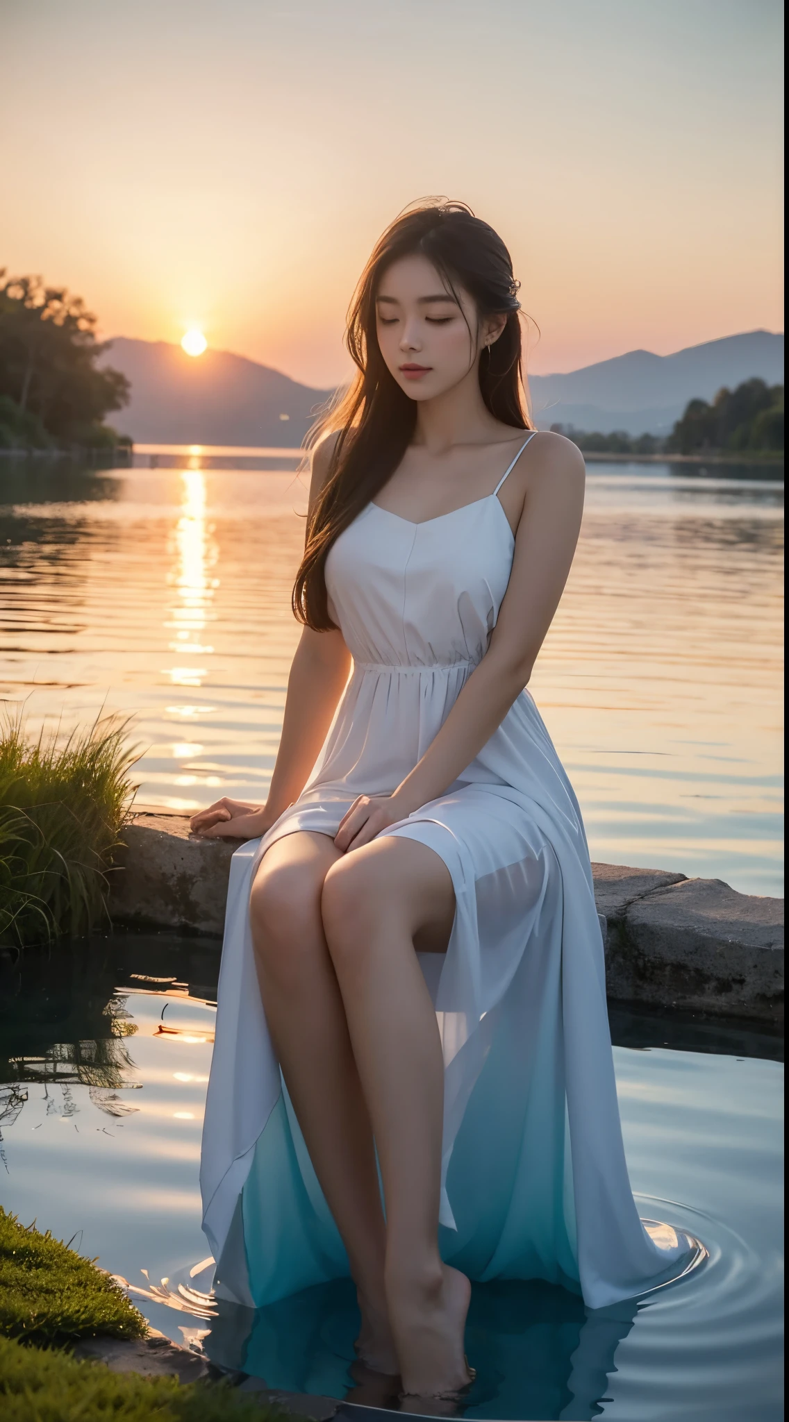 1 girl, serene expression, mesmerizing eyes, long straight hair, flowing dress, poised posture, Porcelain Skin, blush sutil, BREAK golden hour crystal pendant, (rim lighting):1.2, warm hues, sun glare, softshadows, swirly vibrant colors, pictorial effect, dreamy atmosphere BREAK panoramic lake, distant mountains, willow tree, calm waters, reflection, sunlit clouds, tranquil atmosphere, idyllic sunset, ultra detaild, offcial art, unity wallpaper 8k , Zentangle, mandala