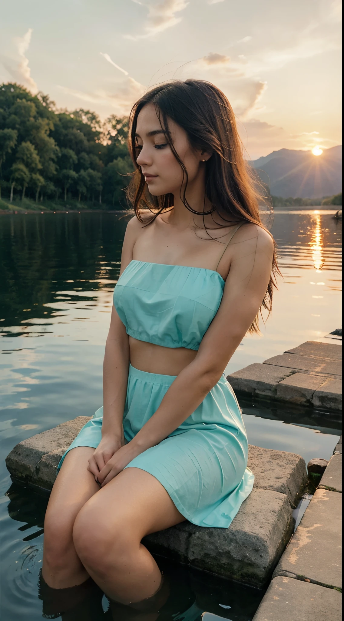 Generate an image of a beautiful woman seated on the grass beside a serene blue lake, bathed in the warm hues of a sunset. Describe her with flowing, elegant attire that complements the tranquil setting. Utilize cinematic lighting to capture the golden tones of the sunset, creating a visually enchanting composition. Depict her in a relaxed yet graceful pose, immersed in the peaceful ambiance of the lakeside scenery. Utilize diverse keywords from the SeaArt list for each category to ensure a rich, varied, and visually engaging representation of her beauty in the idyllic sunset setting.