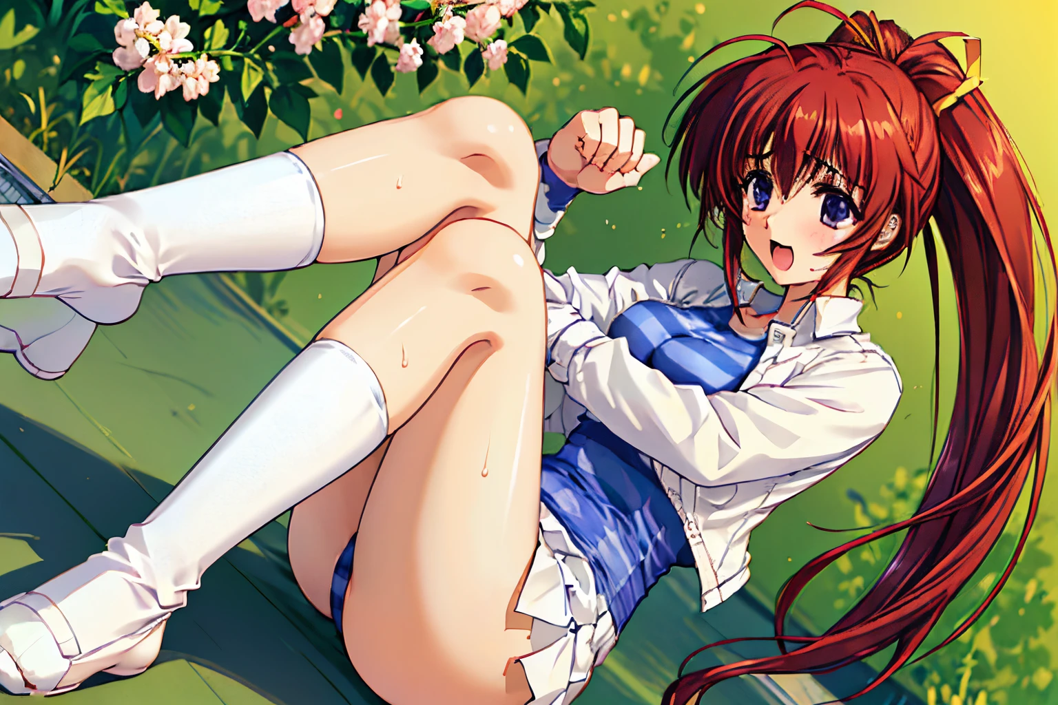 Best Quality, Highly detailed, Same as, (((The cherry tree))), An outdoor masterpiece, High quality, Best Quality, High resolution, 4K, High Definition, Beautiful lighting,Highly detailed face, well-drawn hands, well-drawn legs,well-drawn feet,well-drawn eyes,1girl in,,,​masterpiece, top-quality, Hi-Res, , , 1girl in, Solo,,{{Detailed}},(((Mizuki_Takase))),(((comic strip_Party))),(((White jacket))), (((Striped shlit))),(((White High Socks))),Red_hair, hair_bow ribbon,One_Side_pony_tail,Purple_eye, large full breasts,19 year old girl,white_high_ sox,zettai ryouiki,Ahoge,(((1 ponytail))),(((white_high_ sox))),(((zettai ryouiki))), thighs thighs thighs thighs, Skindentation,Ahoge,1 ponytail,thick thighs,, point to the listener,(​masterpiece、top-quality、detaileds)、frombelow、Knee up、A smile、cparted lips、full body Esbian、looking at the viewers、​masterpiece、top-quality、hight resolution、独奏、bra very、sprawl、From  above、irate、Disturbed clothing、Rough breath、Sexual facial expressions,( Sweating, NSFW,Sweat,perspired,4fingers and 1thumb,Five Fingers,(((Shy))),(((trembling))),(((with guy))),, (((Striped shlit))), (((Blue striped underwear))),(((Tennis Wear)))