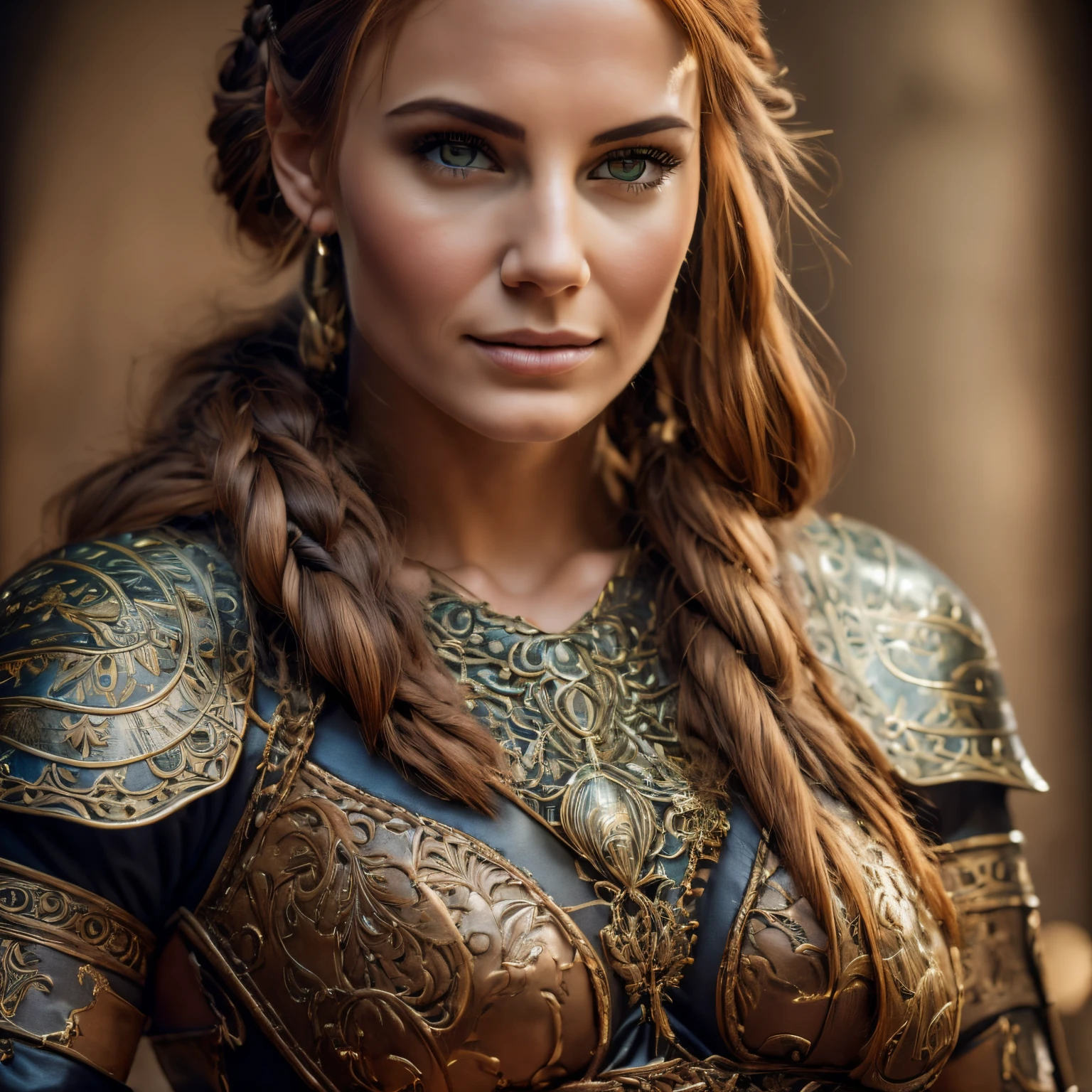 1woman, masterpiece, best quality, 8k, detailed skin texture, detailed cloth texture, beautiful detailed face, determined expression, intricate details, ultra detailed, a european woman, green eyes, auburn hair in a french side braid, 3D character, Medieval Knight, full body view, full body armor, no helmet, full plate armor, smaller breasts, 1 woman, Medieval woman with a braid in her light brown hair, wearing fitted studded leather armor, portrait of a female warrior, side portrait of medieval female warrior, portrait of very beautiful warrior woman, female character with a determined look and smirk, portrait of female warrior, fantasy character portrait, very beautiful woman top model, detailed matte fantasy portrait, beautiful female warrior, full body view