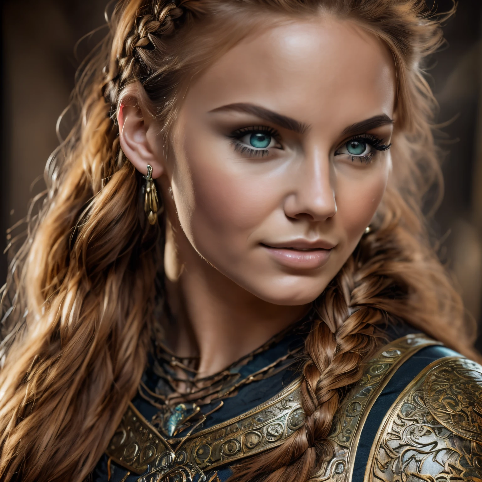 1woman, masterpiece, best quality, 8k, detailed skin texture, detailed cloth texture, beautiful detailed face, determined expression, intricate details, ultra detailed, a european woman, green eyes, auburn hair in a french side braid, 3D character, Medieval Knight, full body view, full body armor, no helmet, full plate armor, smaller breasts, 1 woman, Medieval woman with a braid in her light brown hair, wearing fitted studded leather armor, portrait of a female warrior, side portrait of medieval female warrior, portrait of very beautiful warrior woman, female character with a determined look and smirk, portrait of female warrior, fantasy character portrait, very beautiful woman top model, detailed matte fantasy portrait, beautiful female warrior, full body view