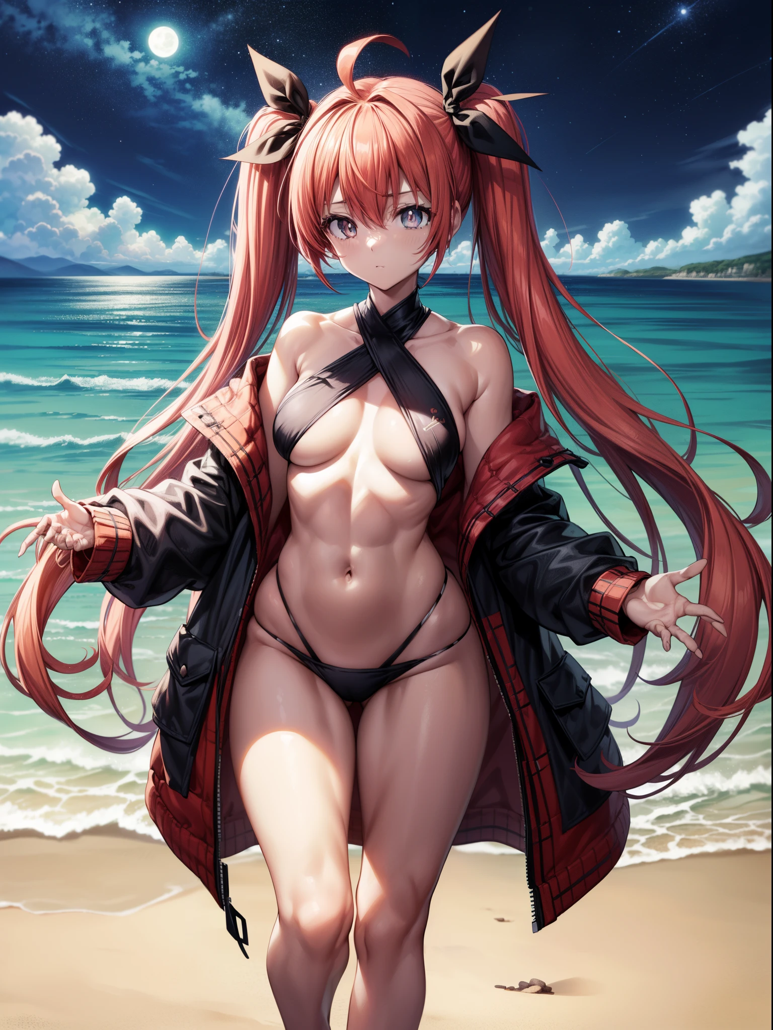 Kotoriitsuka, Kotori Itsuka, cabelos longos, (((olhos vermelhos:1.5))), red hair, Ahoge, (peito achatado:1.2), ((twintails)))(, fita de cabelo, fita preta, olhando para o espectador, beach scenery with starry sky and full moon in the sky, middle boobs, coxas musculosa, barriga musculosa, quadris largo, cintura fina, standing on her feet, barefoot, foto de corpo inteiro, (master part:1.2), best quality, high resolution, Unity 8k papel de parede, (illustration:0.8), (belos olhos detalhados:1.6), Rosto extremamente detalhado, perfect lighting, CG extremamente detalhado, (perfect hands, anatomia perfeita),