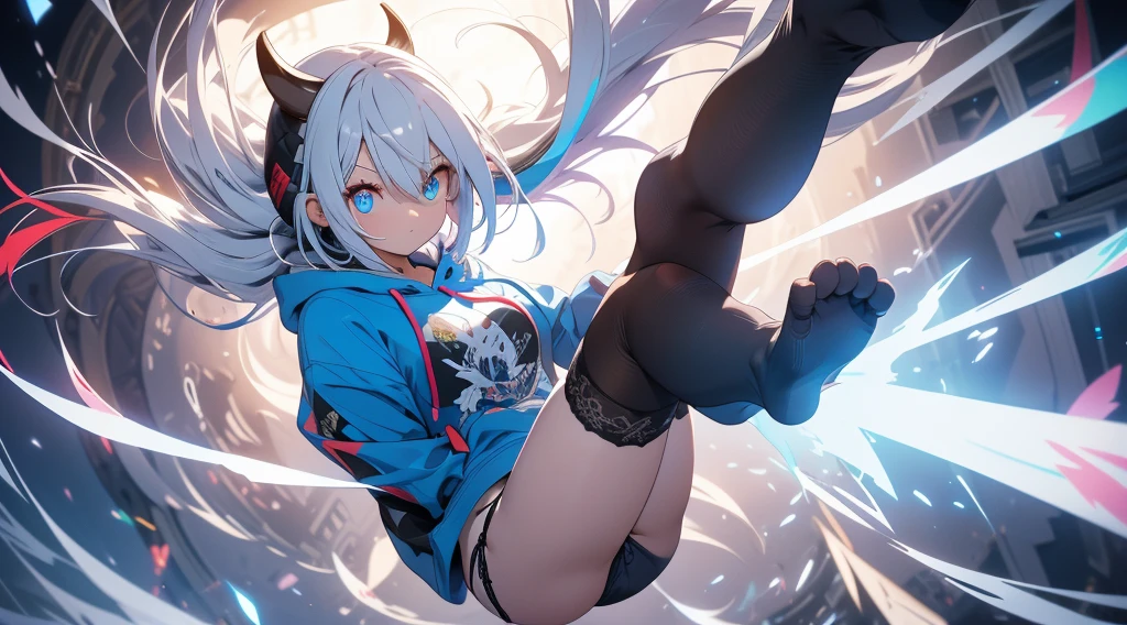 tmasterpiece,Best quality at best,ultra - detailed,iintricate,详细的脸,詳細な目,pretty eyes,1个Giant Breast Girl,cow boy shot,(Micro shorts, highlegpanties, open fly:1.4),(hoody, open hoodie:1.2),exercise well,fishnet stockings,raise both arms,Armpits,Grabbing the hair,long whitr hair,(floated hair, Colorful hair:1.3),Iridescent hair,(Heterochromia, eBlue eyes, red eyes:1.5),external,parks,Skysky,suns,The tree,jewelry,dynamicposes,dynamic angle,from the above,(full bloom, depth of fields:1.2),Style swirl magic,Tower