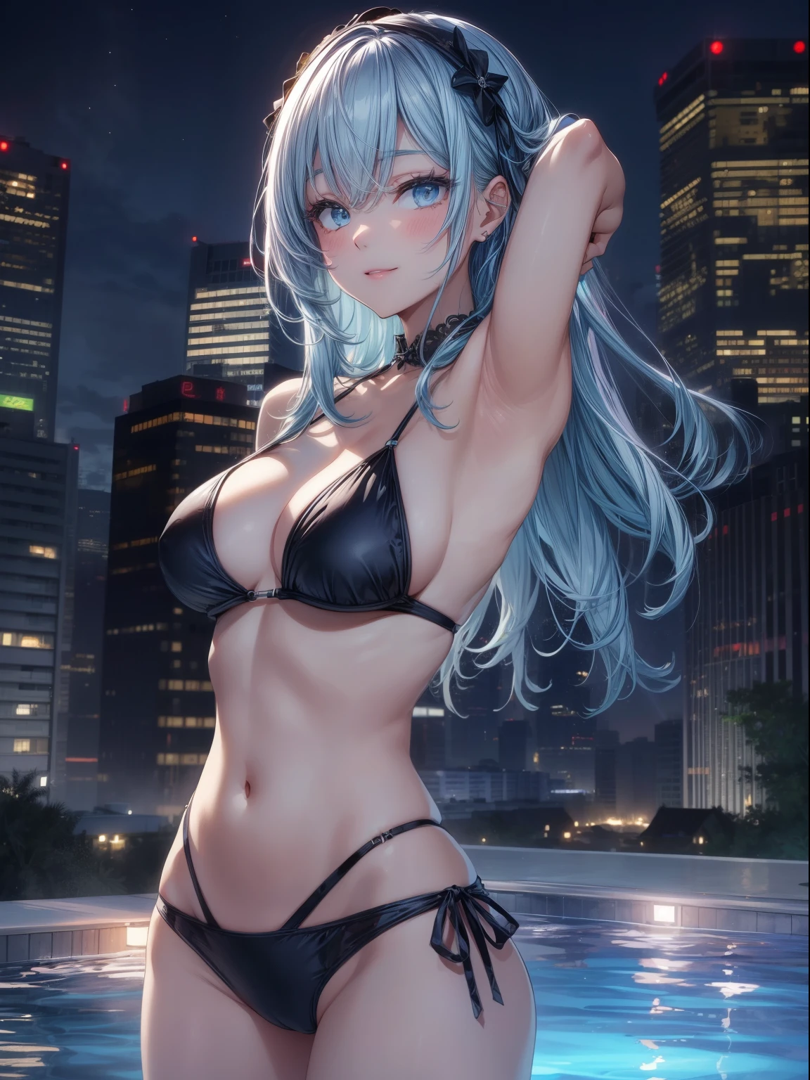 top-quality、Full limbs、complete fingers、((1girl in:1.3))、((one beautiful women、独奏))、Beautiful Large Breasts、lightblue hair、Medium hair、straight haired、Black bikini、Naughty Poses、Pool on the roof of a luxury hotel、Night Pool、Lit up、skyscraper、You can see the night view、A big smile、swim ring
