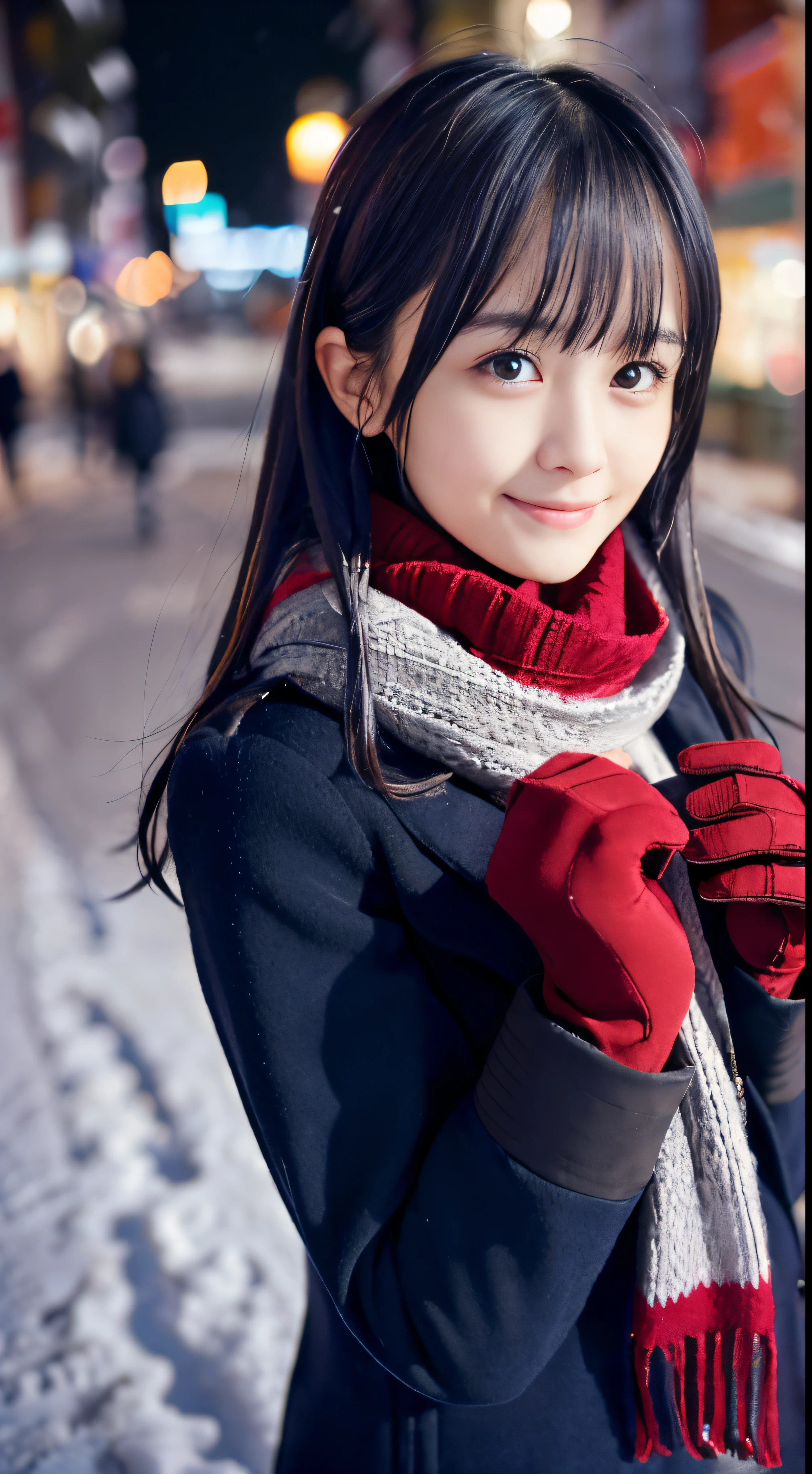 (Close up portrait of dark silver long hair with swept bangs girl in winter coat and scarf:1.5)、(One girl hold a Valentine gift in hands with gloves on the street in Japan at snowy night with shy smile:1.5)、( Blurry background,:1.5)、(Perfect Anatomy:1.3)、(complete hands:1.3)、(complete fingers:1.3)、Photorealsitic、Raw photography、masutepiece、top-quality、hight resolution、delicate and pretty、face perfect、Beautiful detailed eyes、Fair skin、Real Human Skin、((thin legs))